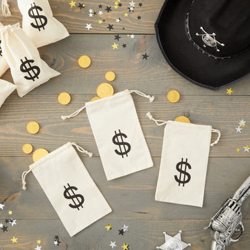 Juvale 12 Pack Dollar Sign Drawstring Gift Bags, Cowboy Pirate Theme Birthday Party Favor Canvas Pouches, 4.3 x 7 in