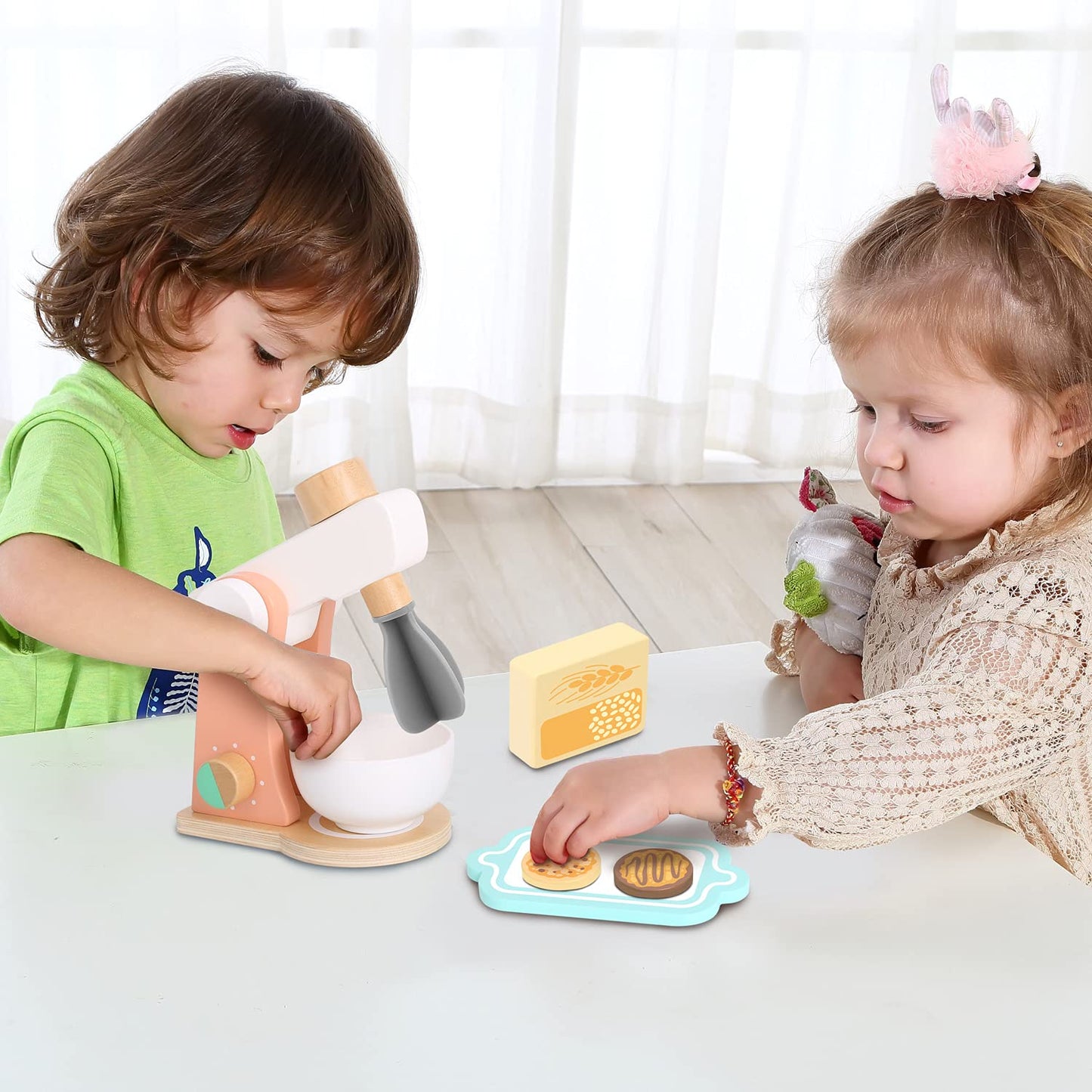 TOOKYLAND Wooden Kitchen Mixer for Kids Age 3 and Up, Wooden Play Kitchen Set with Accessories, Rolling Pin, Tray, Bowl, Biscuit