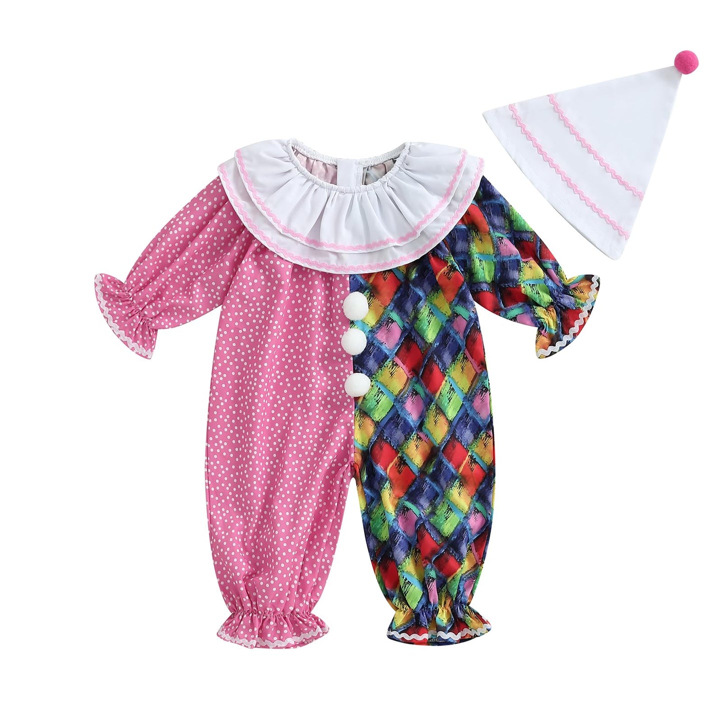 Aiwpstoin Toddler Baby Clown Costume Boy Girl Funny Halloween Outfit Contrast Color Long Sleeve Jumpsuit with Hat (Pink, 18-24 M