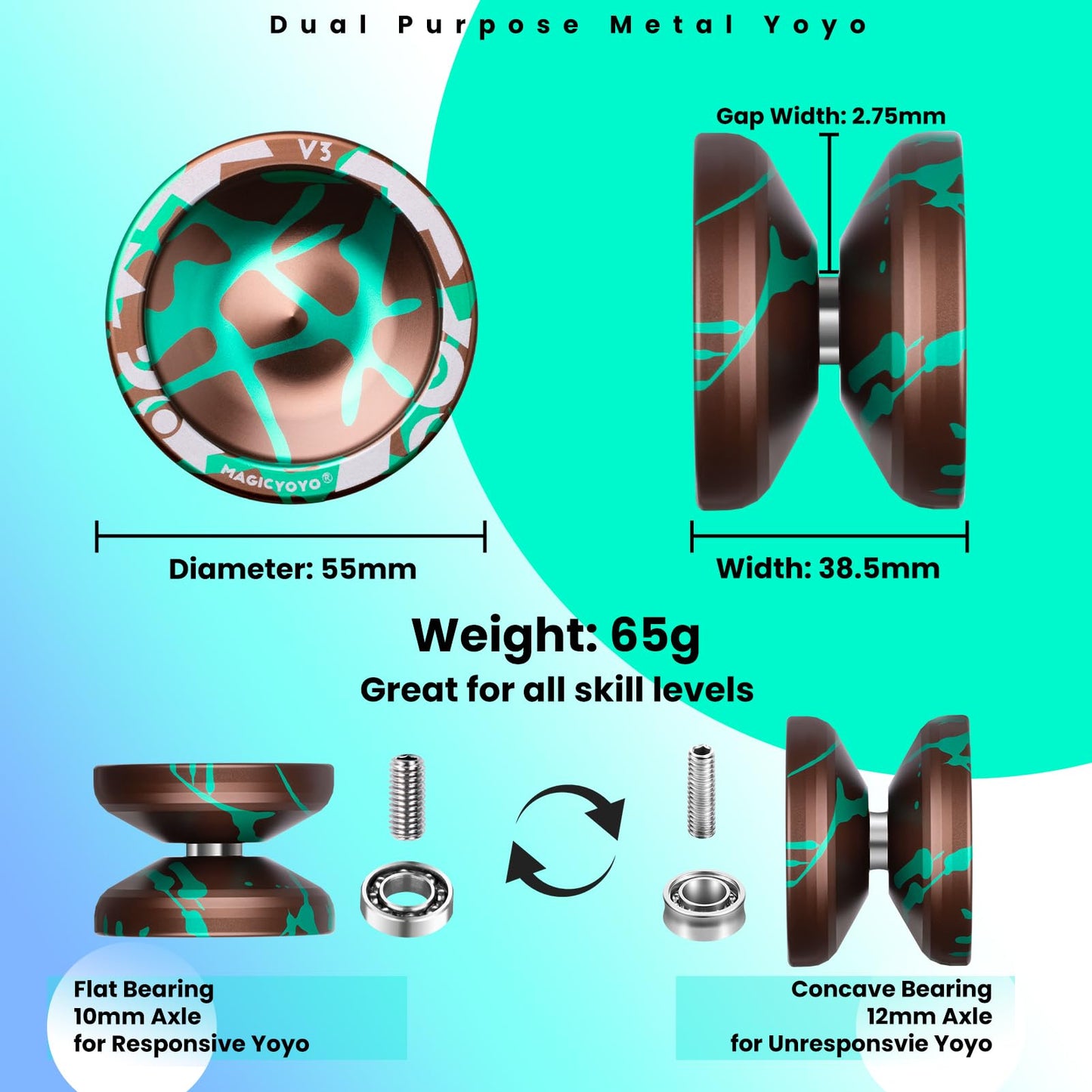 MAGICYOYO V3 Responsive Yoyo Professional Dual Purpose Metal Yoyo for Kids Beginners & mature-themeds Includes Replacement Bearing 12 Strings Removal Tool Axle & Case (Brown Green)