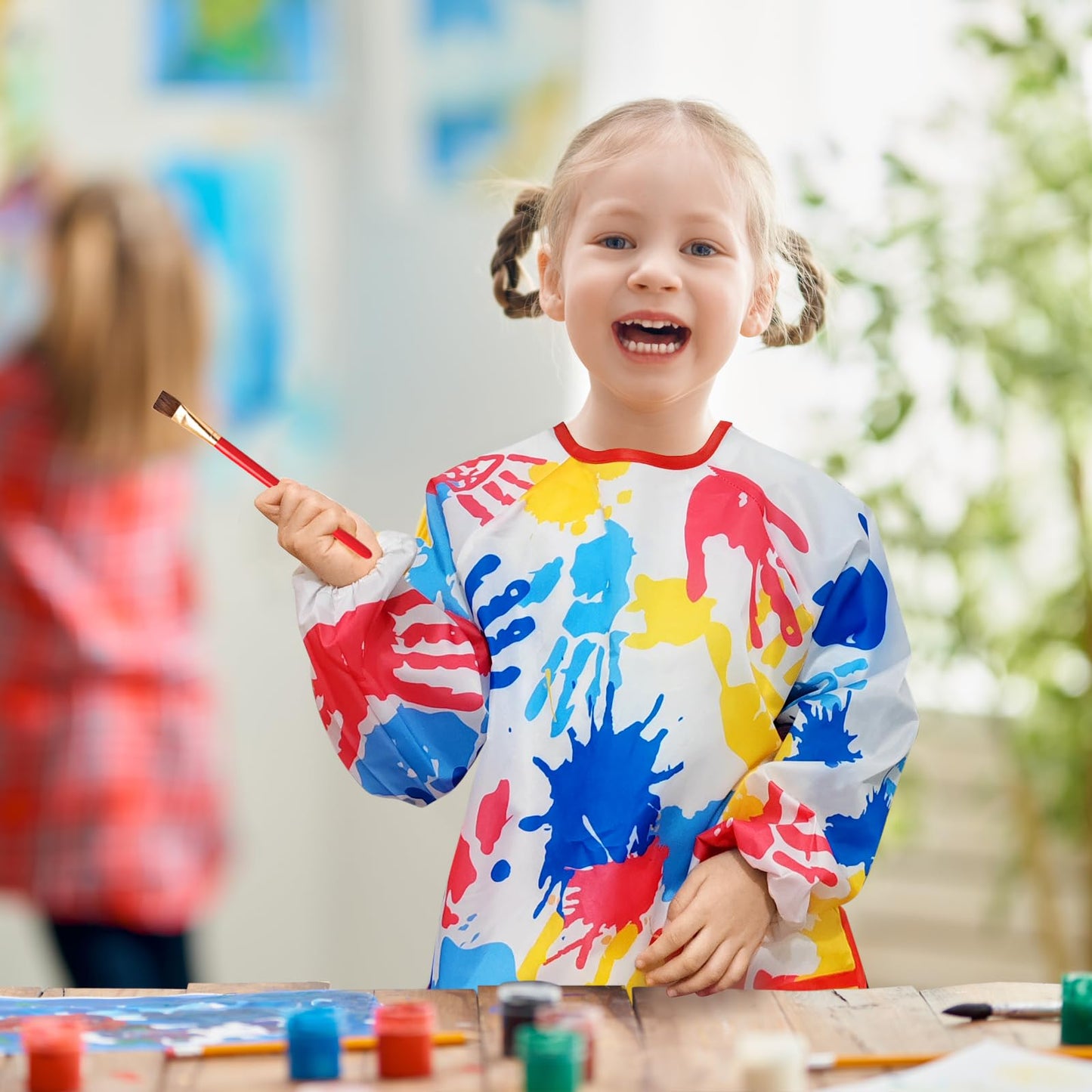 BOUBONI 2 Pcs Kids Art Smock Painting Toddler Smock Long Sleeve with 3 Pockets for Kids Art Painting Activity Kitchen Crafts (Re
