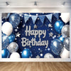 Blue Silver Birthday Party Backdrop Blue Silver Balloon Star Happy Birthday Banner Photography Background for Men Home Decoratio