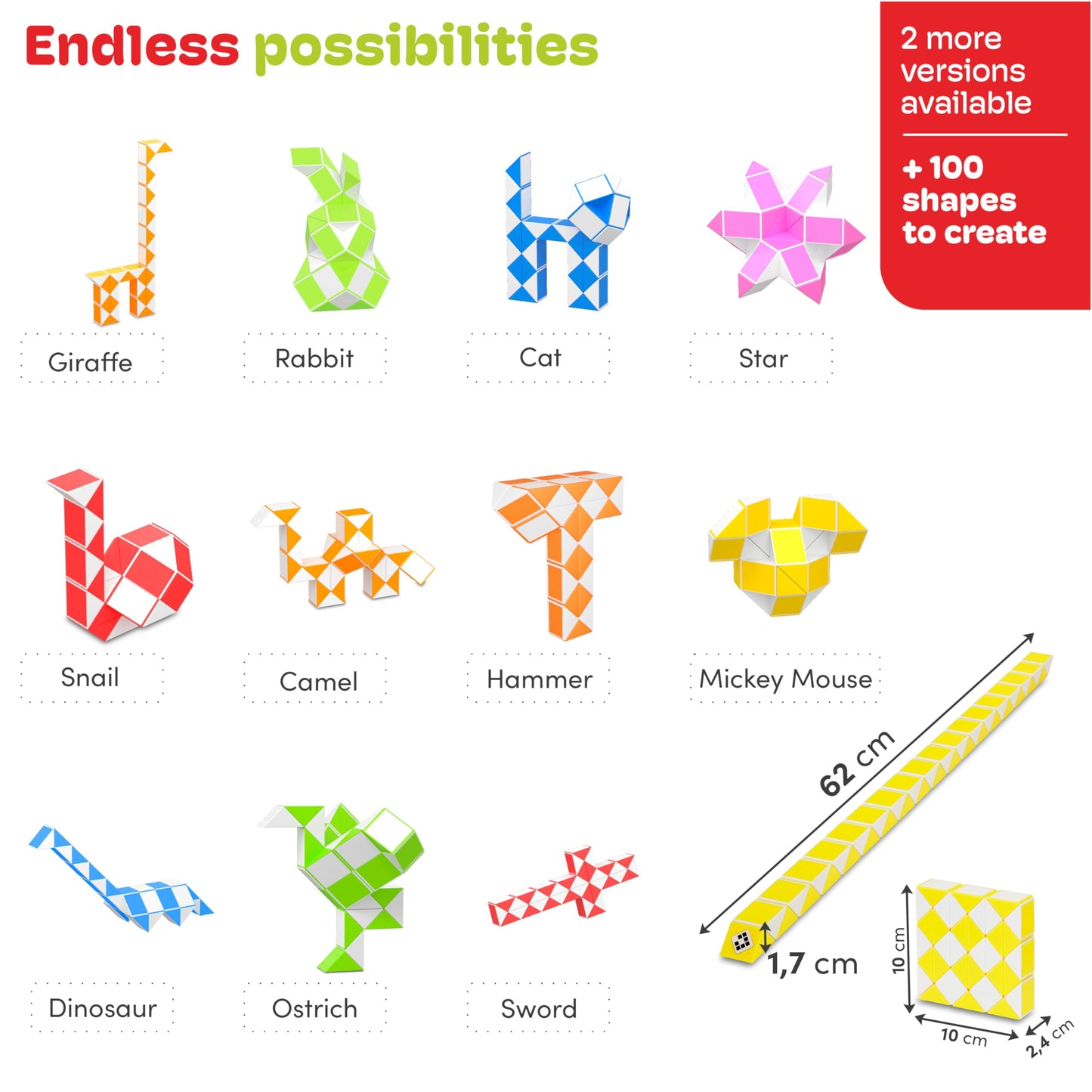 Cubidi® Magic Snake Cube | Fidget Snake Toy For Kids | Travel Toys For Kids Ages 4-8 | Great Gift For Boys And Girls Birthday, Christmas, Stocking Stuffers - 36 Blocks | 0.9 Inch X 0.7 Inch | Yellow