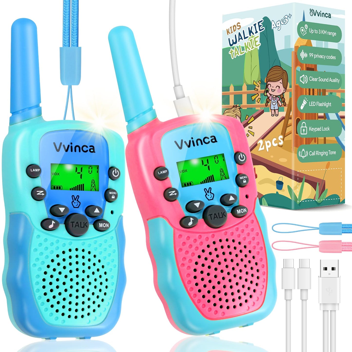 Vvinca Rechargeable Walkie Talkies For Kids, Long Range 22 Channels 2 Way Kids Walkie Talkie With Flashlight For Camping Hiking