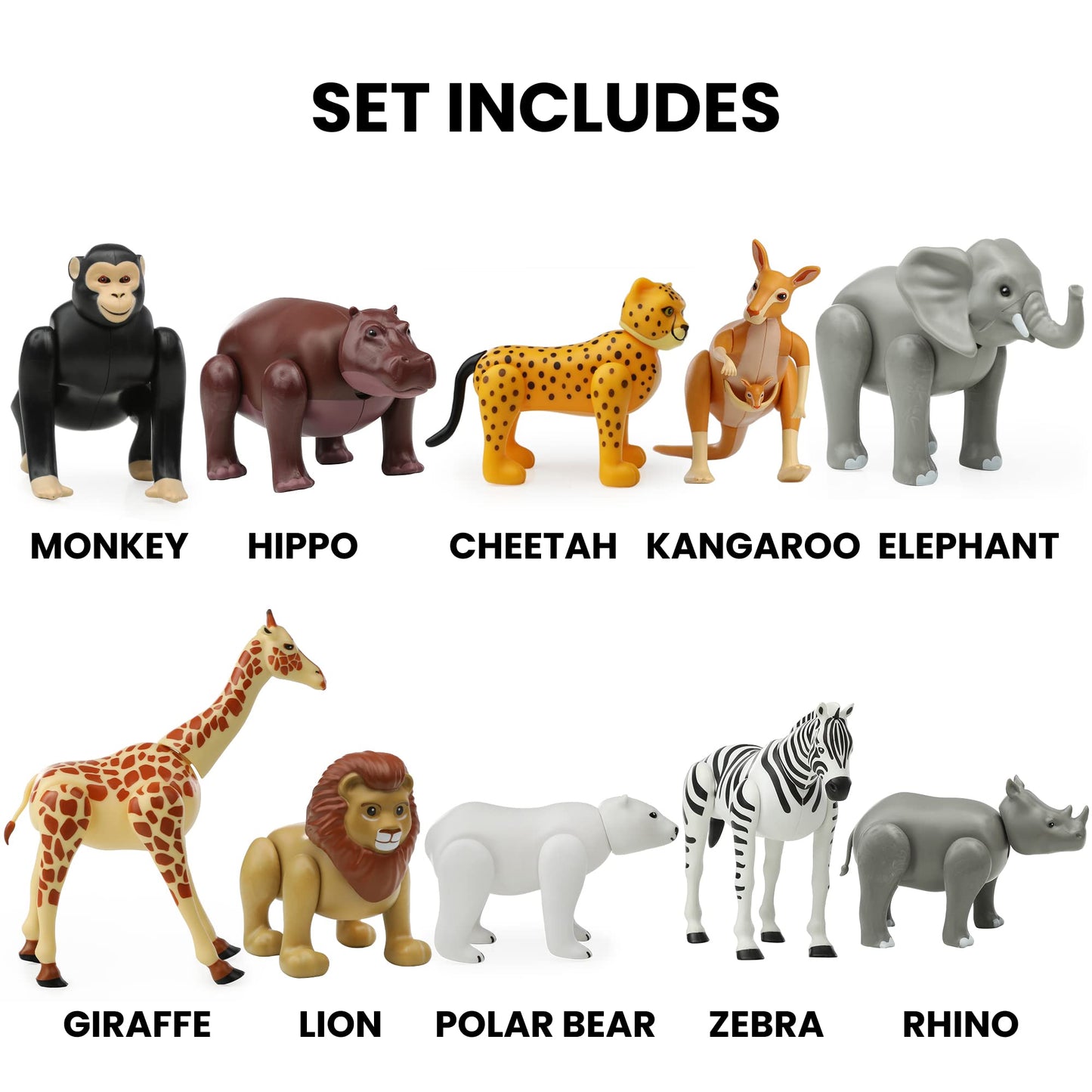 Beverly Hills Doll Collection Safari Animals Figures Set Of 10, Moveable Joints Safari Zoo Animal Toys For Toddlers, Zoo Animal Playset, Large Plastic Jungle Animal Figurines For Kids