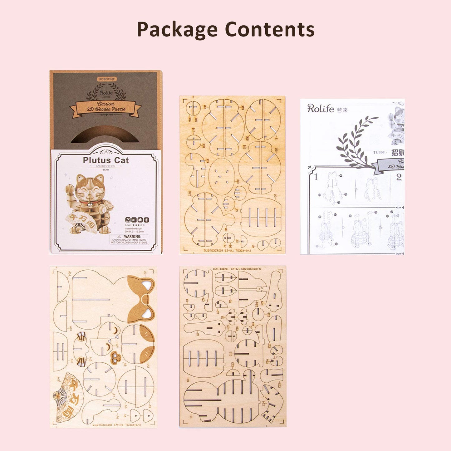 Rolife 3D Wooden Puzzle Lucky Cat -72Pcs Japanese Maneki Neko Welcome Display Greeting For Blessing Good Fortune - Building Toys Gift For Kids/Grown-Ups(Plutus Cat)
