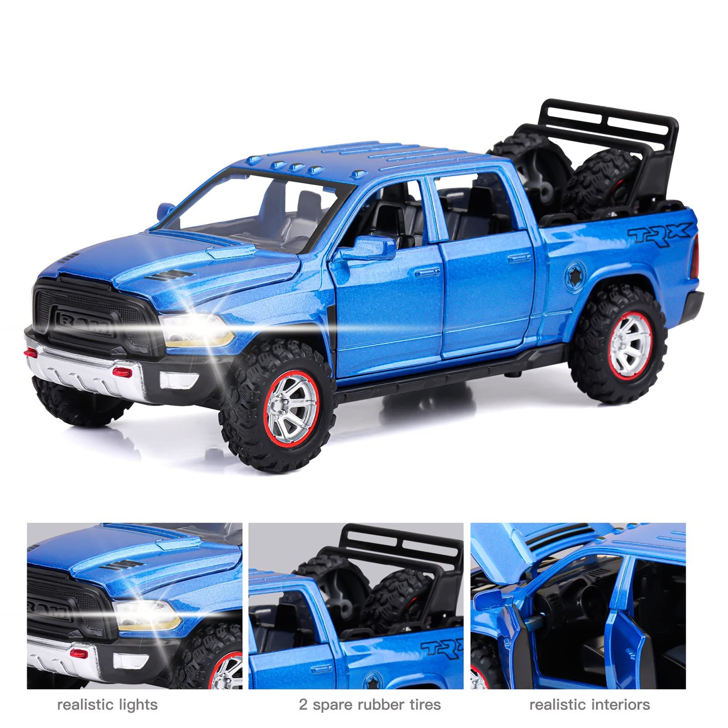 SASBSC RAM TRX 1500 Toy Trucks for Boys Diecast Metal Pickup Truck Toy Pull Back Model Cars with Light and Sound for Kids Aged 3