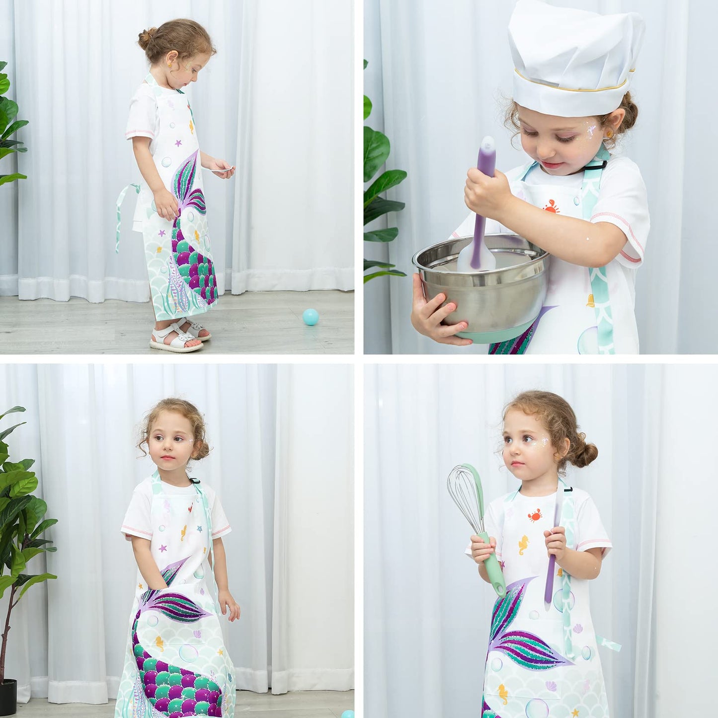 Wernnsai Mermaid Apron For Kids Girls Apron With Pocket Adjustable Strap Polyester Waterproof Baby Toddler Bib Aprons For Kitchen Cooking Gardening Painting Baking Parties(Extra Small,2-5 Years)