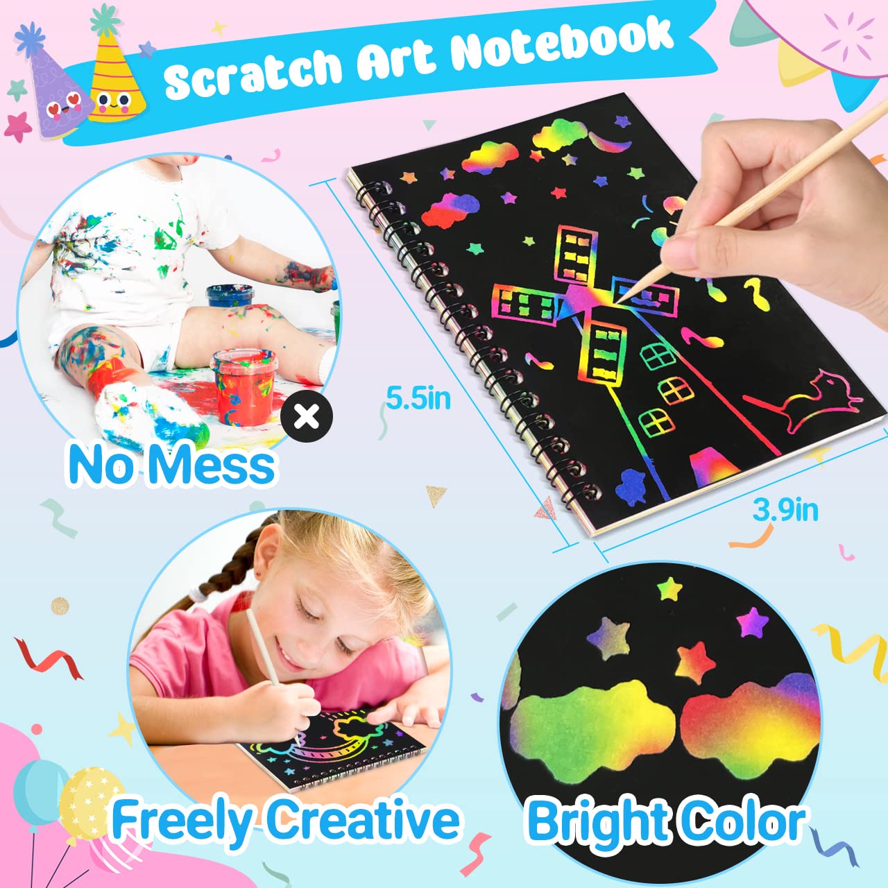 Zmlm Scratch Art Party Favors: 4 Pack Rainbow Scratch Paper Art Set For Kids 3-12 Years Old Art And Craft Notebook Girl Boy Birthday Gift Goodie Bag Stuffers(5 Wooden Stylus & 4 Drawing Stencils)