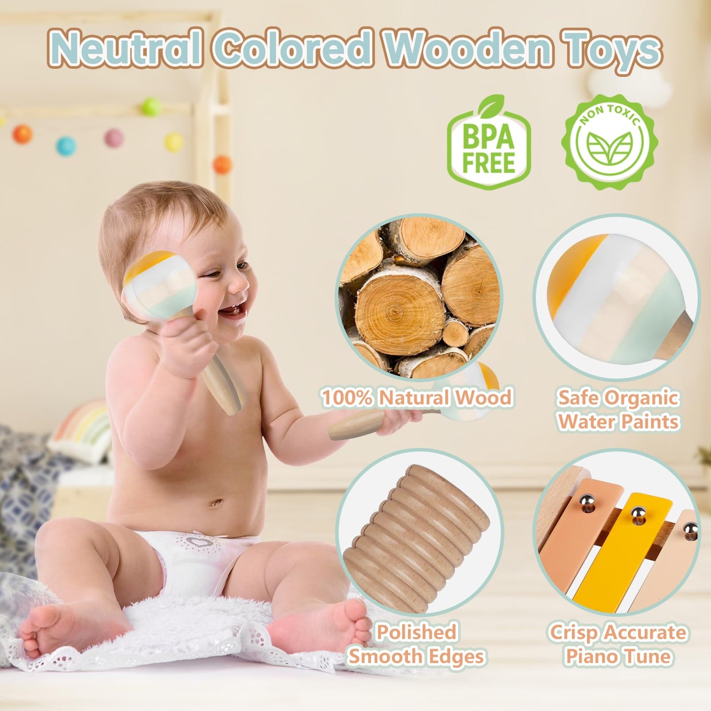 Baby Musical Instruments - Montessori Musical Toys For Toddlers 1-3, Neutral Colors Wooden Percussion Instruments Set, Modern Bo