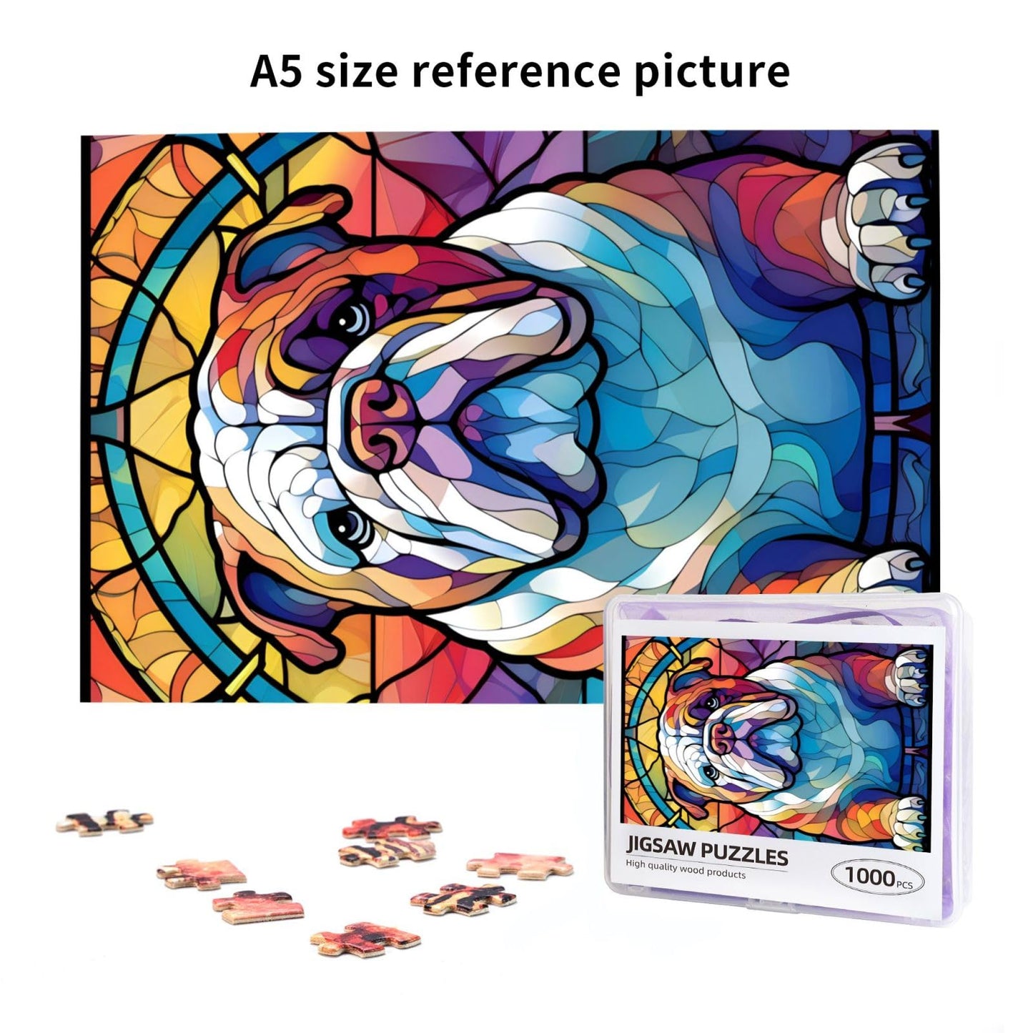 English Bulldog Dogs Lovers Stained Colorful Glass 1000 Pieces Art Painting Wooden Puzzle For Kids Adults, Birthday Mother'S Fat