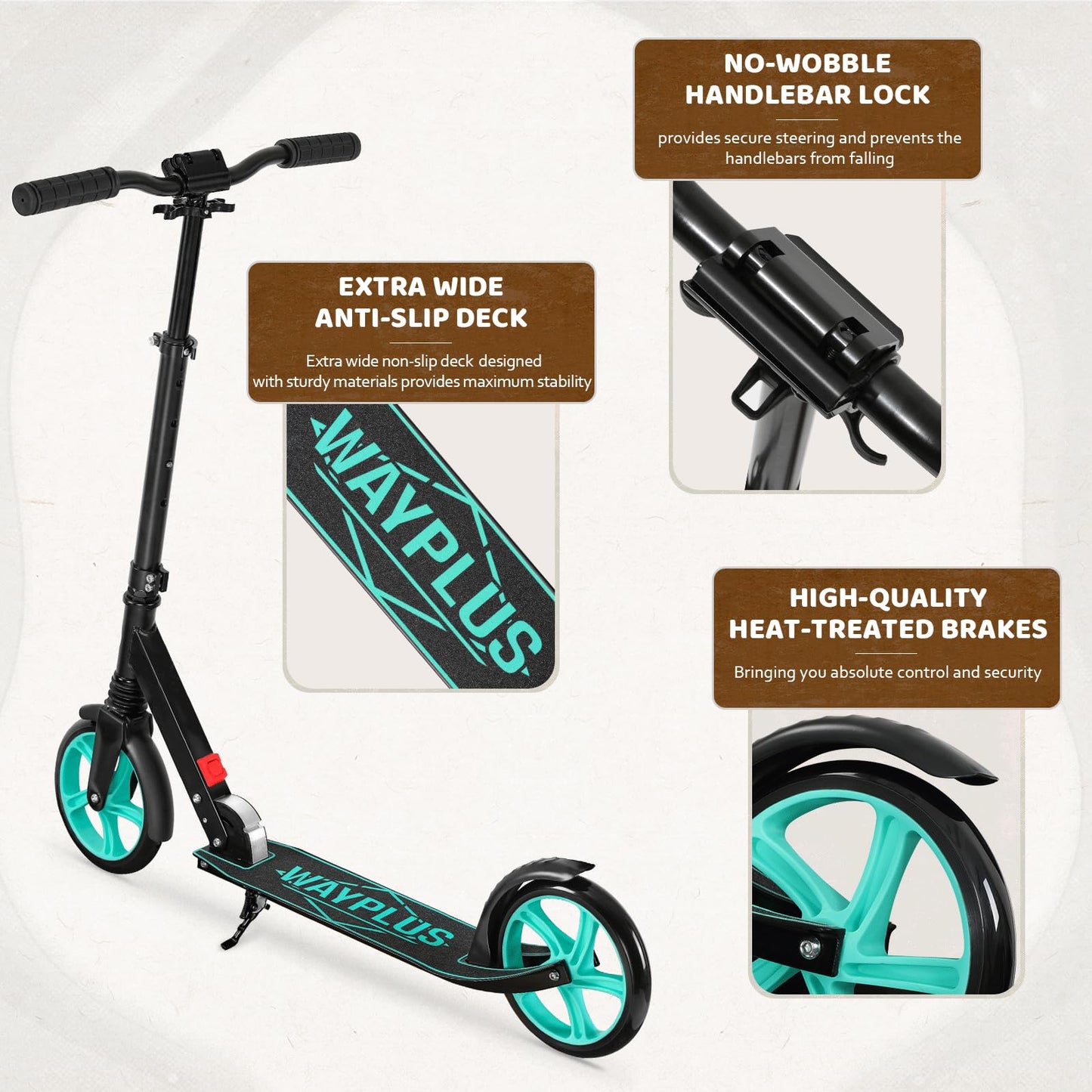 WAYPLUS Aquas Kick Scooter - Foldable, Lightweight, 8-Inch Non-Slip Deck, ABEC9 Bearings, Adjustable Height