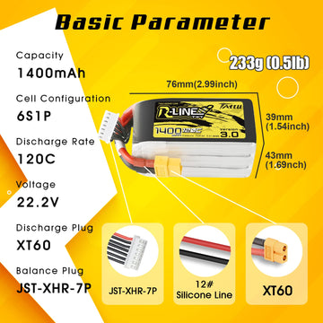 Tattu 6S Lipo Battery R-Line Version 3.0 1400Mah 22.2V 120C 6S1P Battery Pack With Xt60 Plug