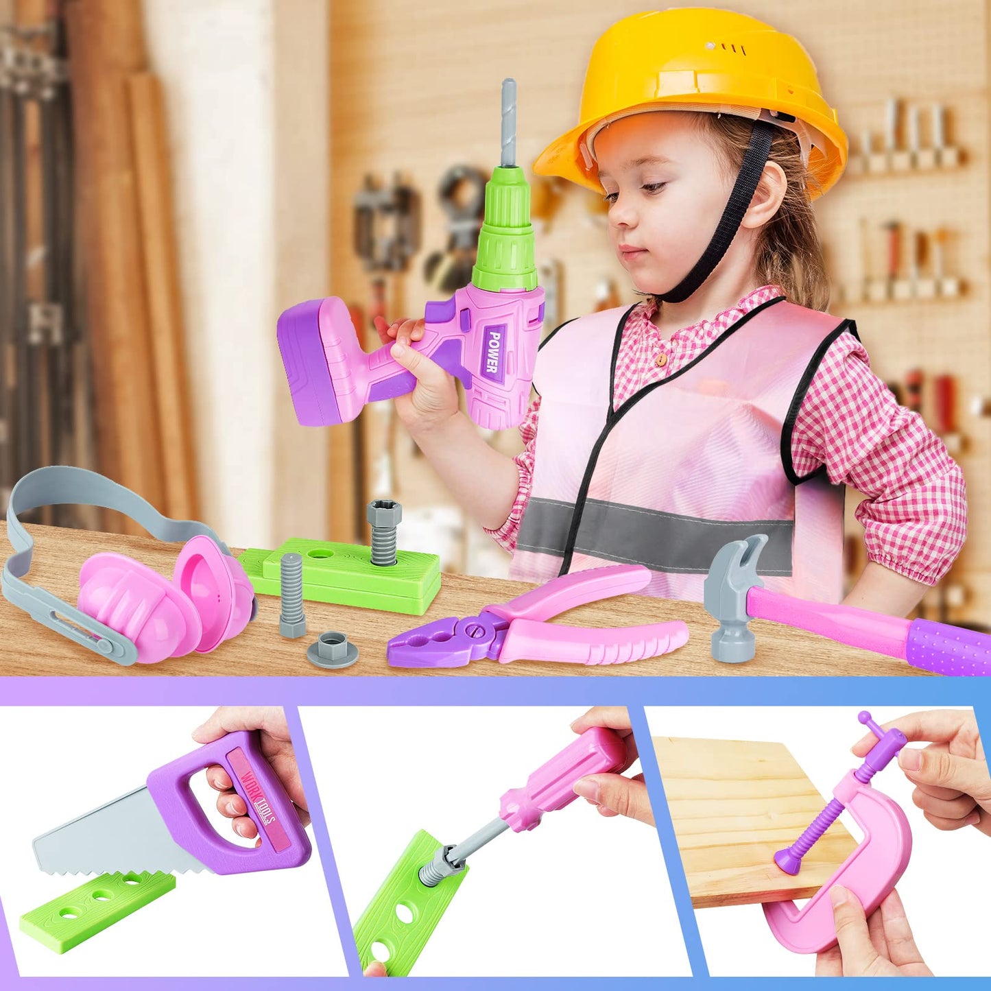 Kids Tool Set with Electric Toy Drill Tool Box for Girls, Pink Toddler Tool Set Kids Power Construction Pretend Play Tools Set T
