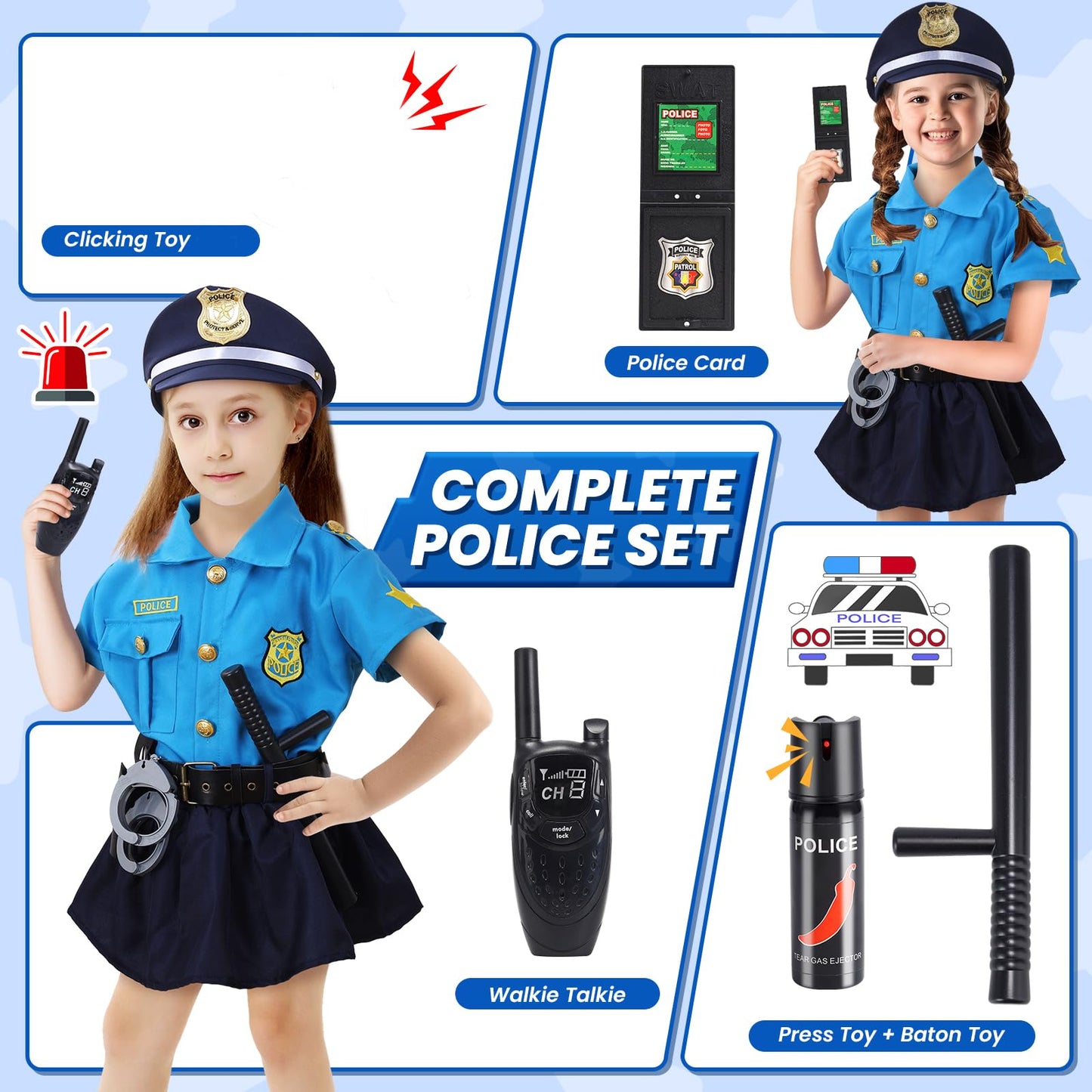 Skirfy 15PCS Police Officer Costumes for Girls,Police Costume for Kids Girls,Uniform with Toys for Cosplay Dress Up Halloween Pa