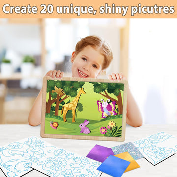 Soovsy Animals Foil Art Fun Kit For Kids, Foil Art For Kids Crafts Kit Diy Creative Activity Birthday Christmas Gift Travel Toys