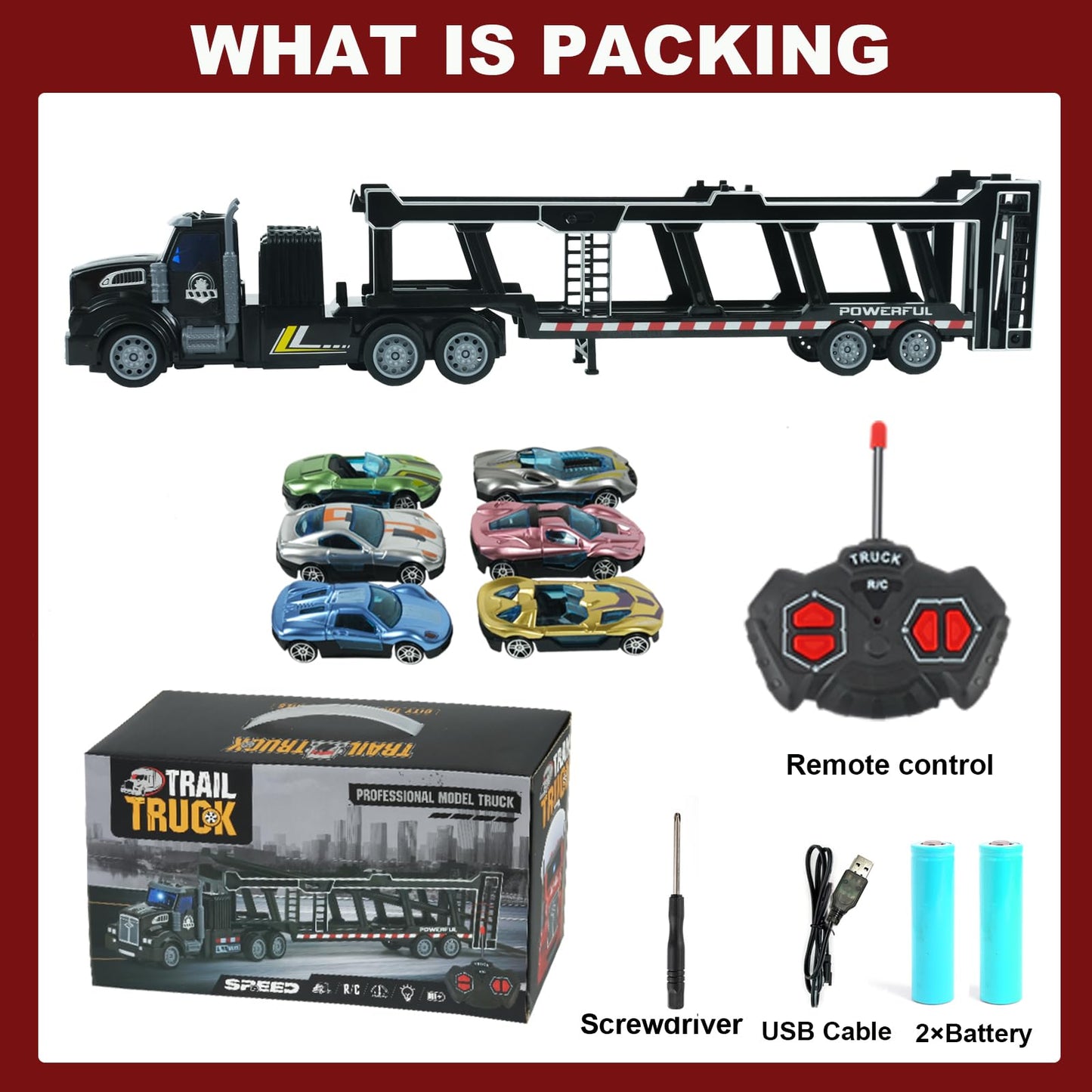 CALEST Remote Control Car Transporter Truck Includes 6 Cars, 14'' 1:48 Car Transporter Semi Truck Toy, Equipped with 2 Rechargea