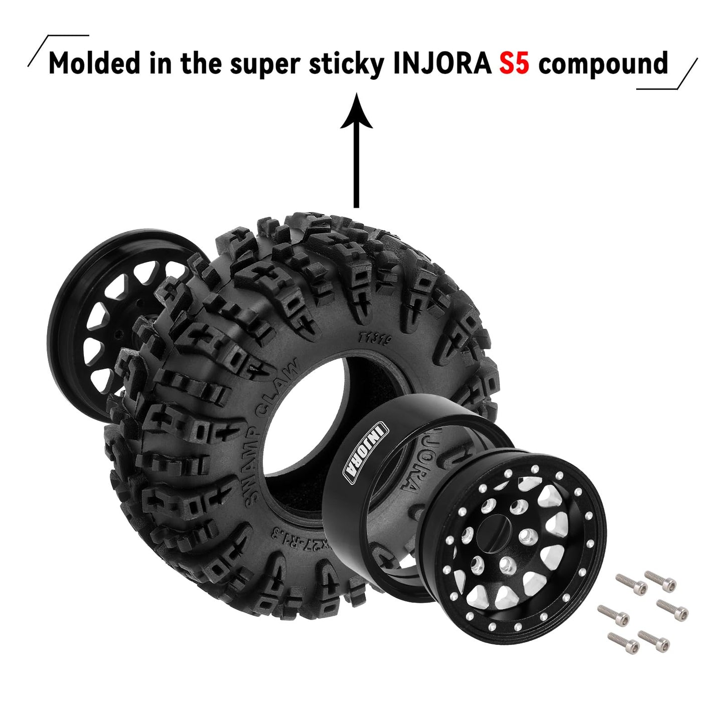 INJORA 1.3'' Wheel Tires Set S5 Swamp Claw Mud Terrain Tires 70 * 27mm for 1/18 1/24 RC Crawler Car(Black)