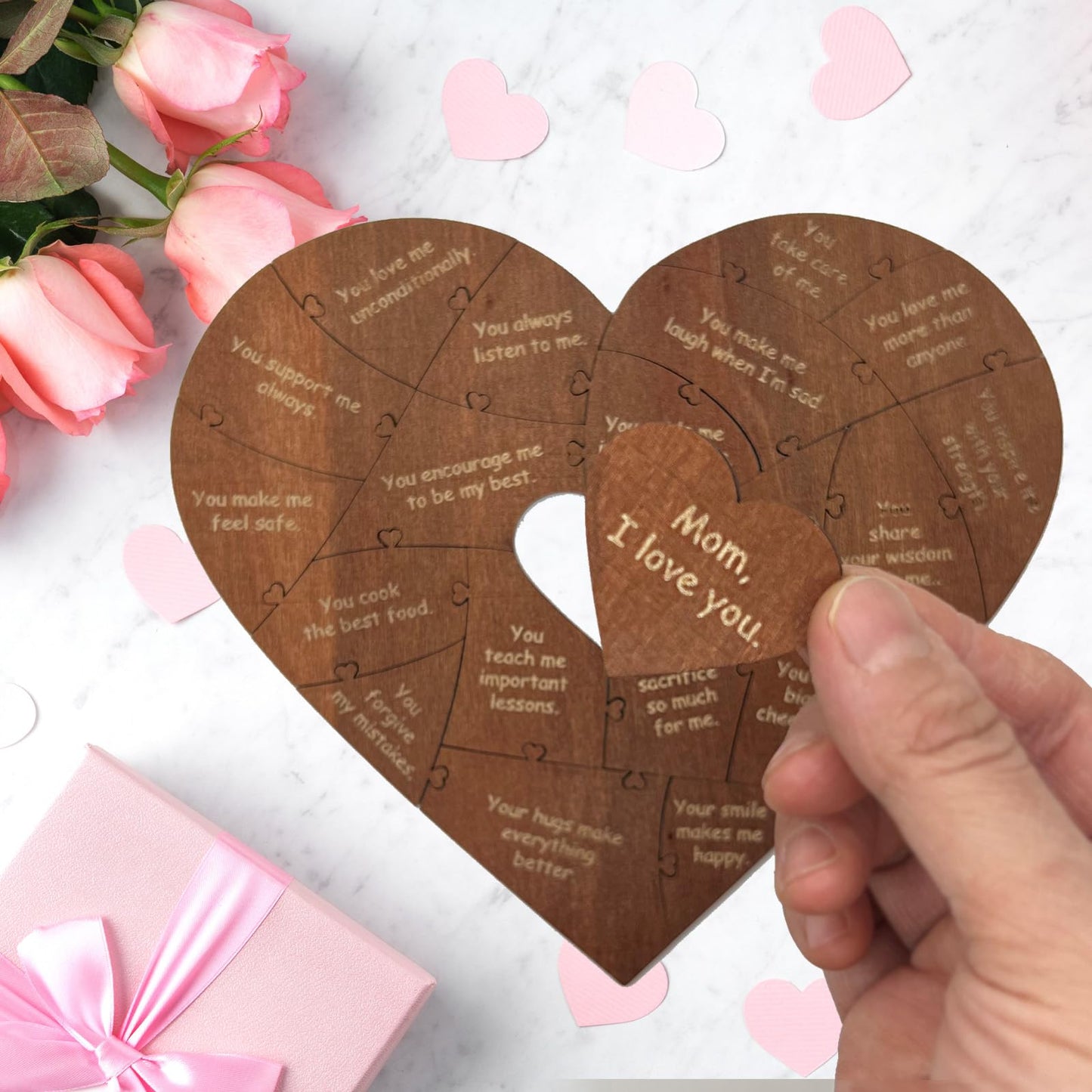 Wooden Mom Puzzle Pieces Gift - 20 Reasons Why I Love You Mom Keepsake Box - Sentimental Mothers Day, Birthday, Christmas Or Tha