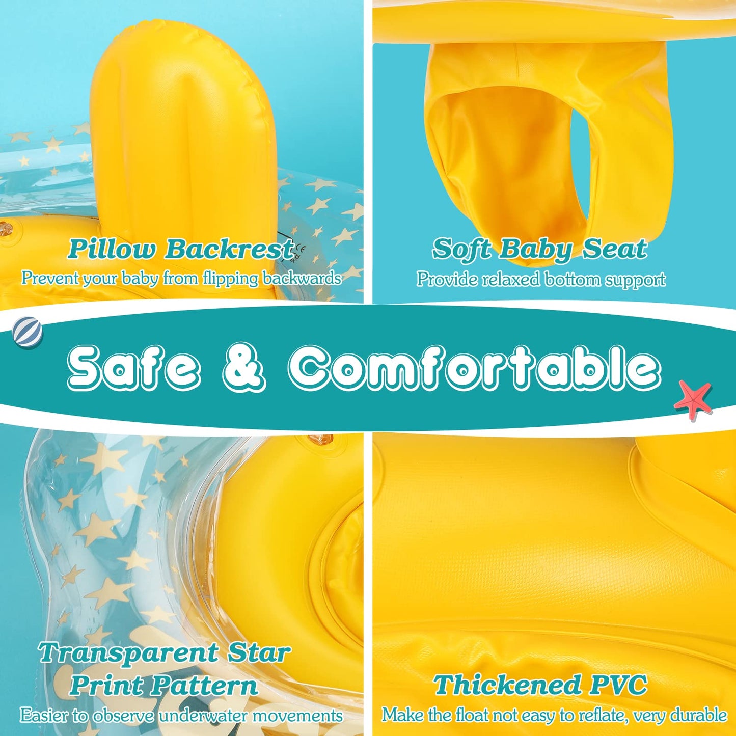 Zooawa Baby Swimming Float, Baby Floats For Pool With Safety Seat,Infant Baby Pool Float No Flip Thicken Swim Training For Baby Of 6-30 Months,L,Yellow