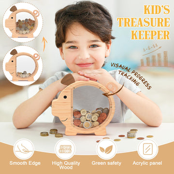 Summidate Wooden Piggy Bank For Kids Large Piggy Bank For Boys And Girls, Cute Unbreakable Wood Money Bank, Creative Saving Money Jar Personalized Present For Child Birthday Christmas & Decor