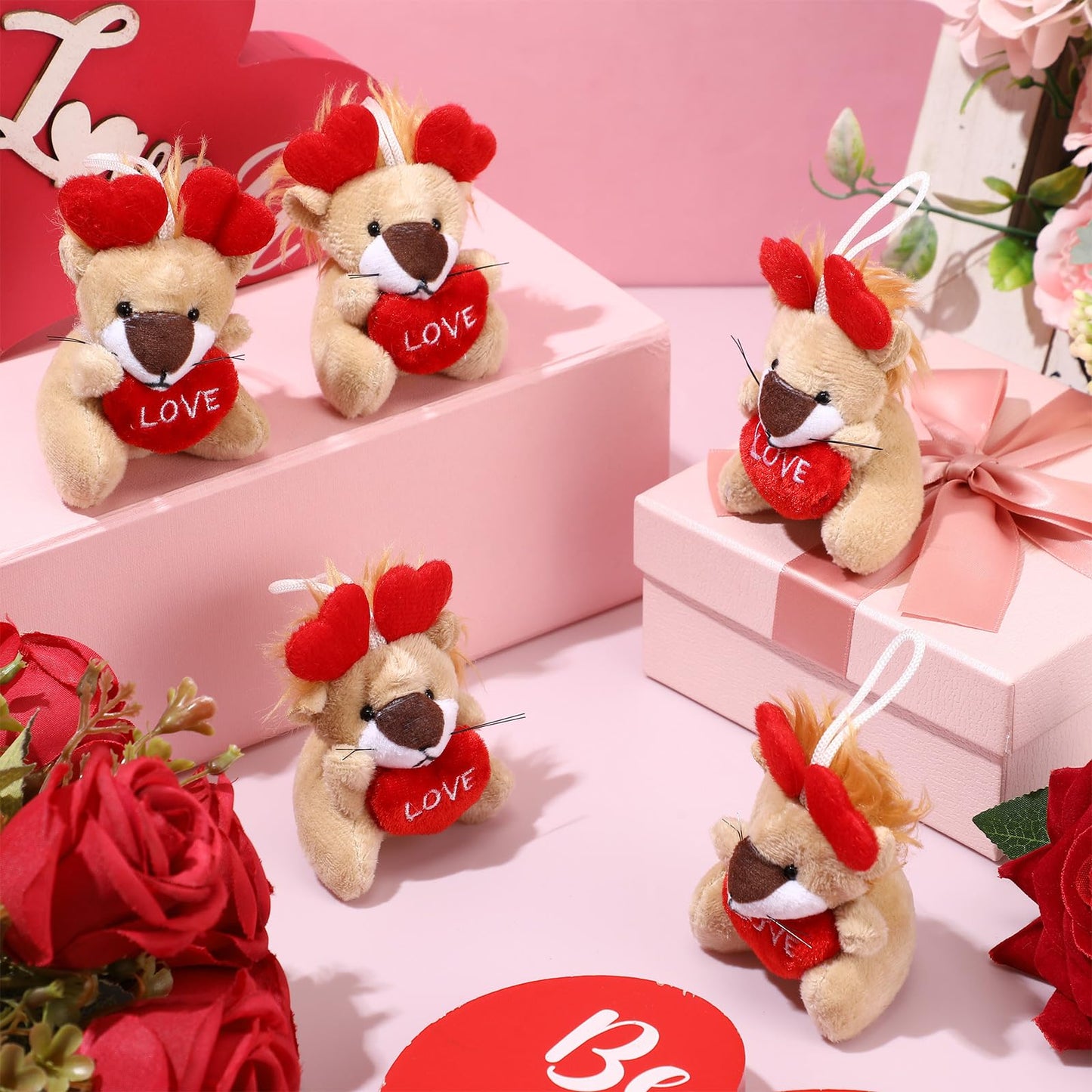 Gejoy 24 Pcs Valentines Day Gifts For Kids Mini Valentines Stuffed Animal Small Plush Keychain With Love Heart Party Favors(Lion