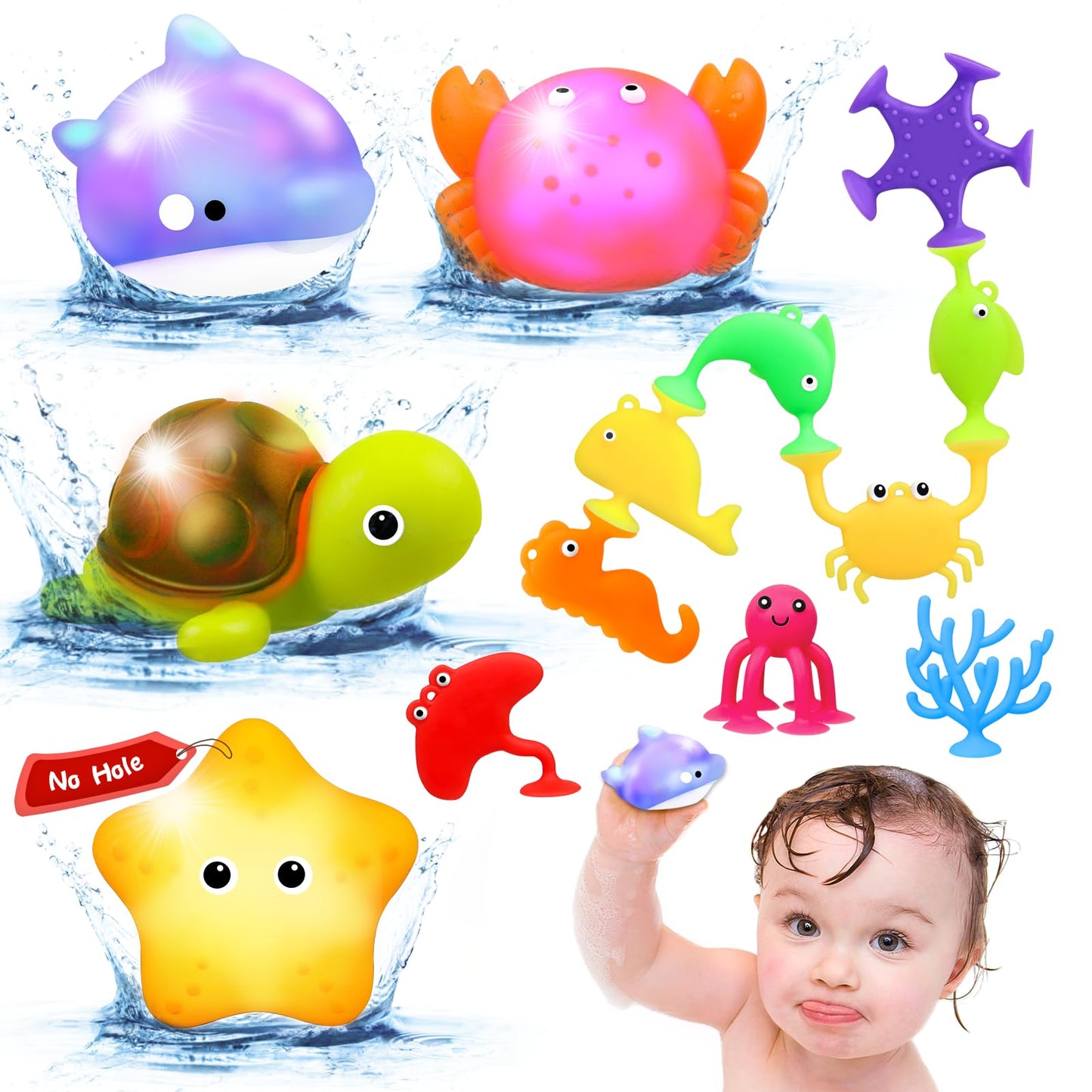 Baby Bath Toys For Kids Ages 1-3,Mold Free Silicone Suction Cup Toys For Toddlers 2-4,No Hole Light Up Ocean Animal Bathtub Sens