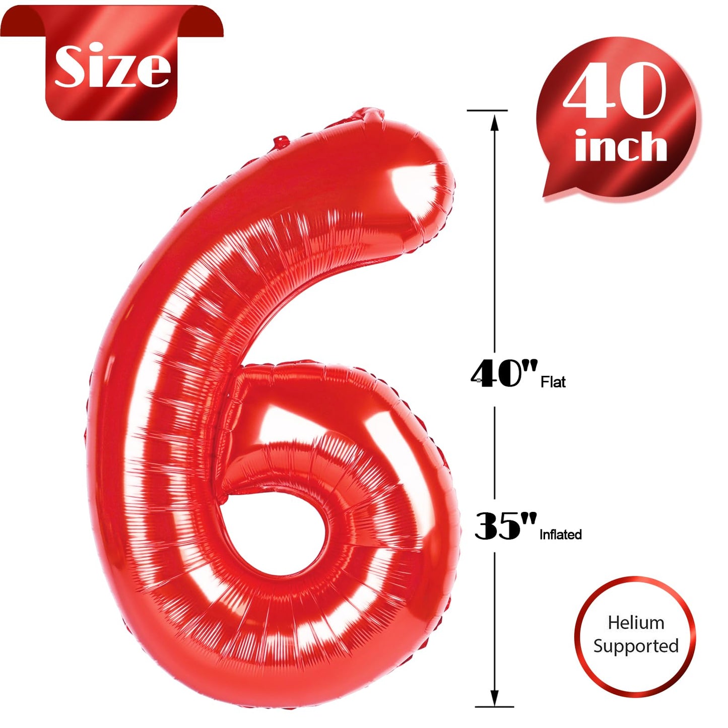 Red Number 6 Balloon 40 Inch, 6 Balloon Number, 6Th Birthday Decorations, Red Party Supplies For Boys Girls