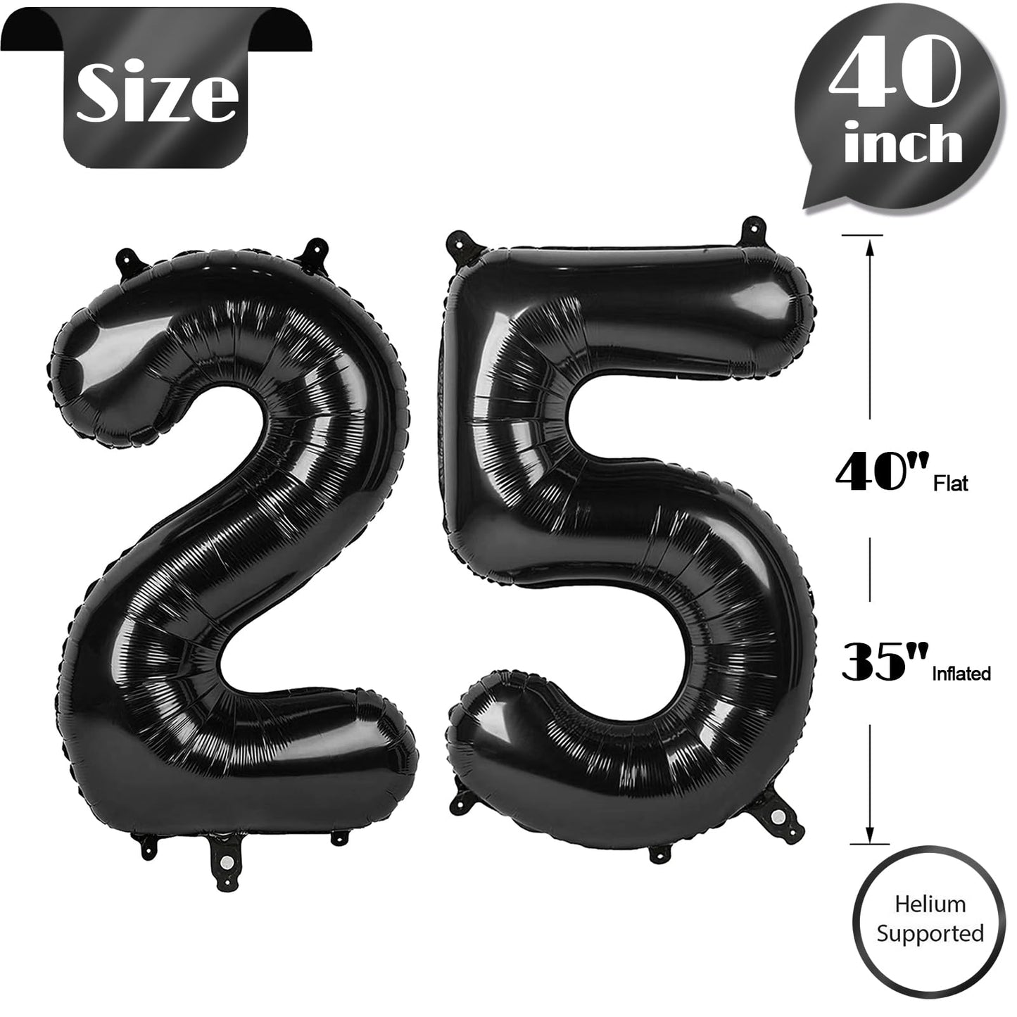 25 Balloon Number, Black Number 25Th Birthday Balloons 40 Inch, 25 Or 52 Years Old Black Birthday Decorations For Men Women, 25T