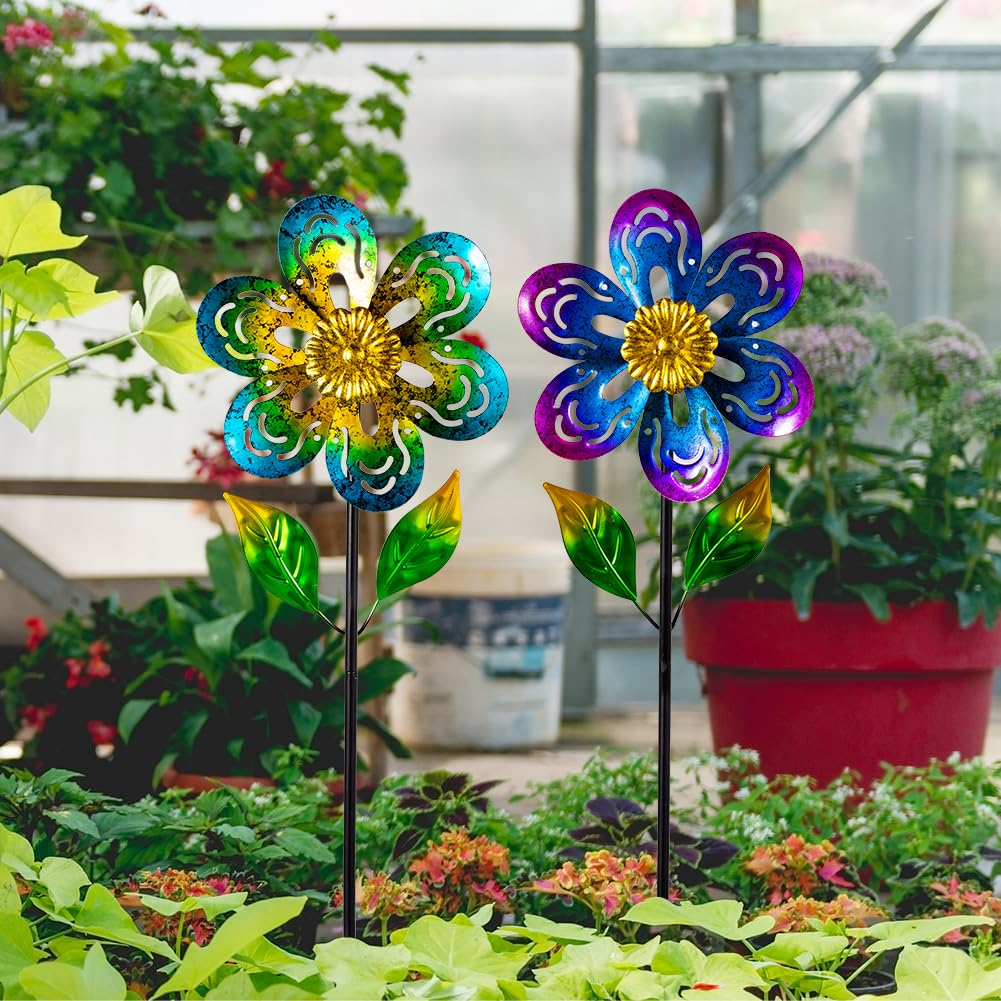 Viveta 2 Pack Wind Spinners,Flower Garden Sculpture, Metal Windmill, Green And Purple Pinwheels For Yard Lawn Patio Decor