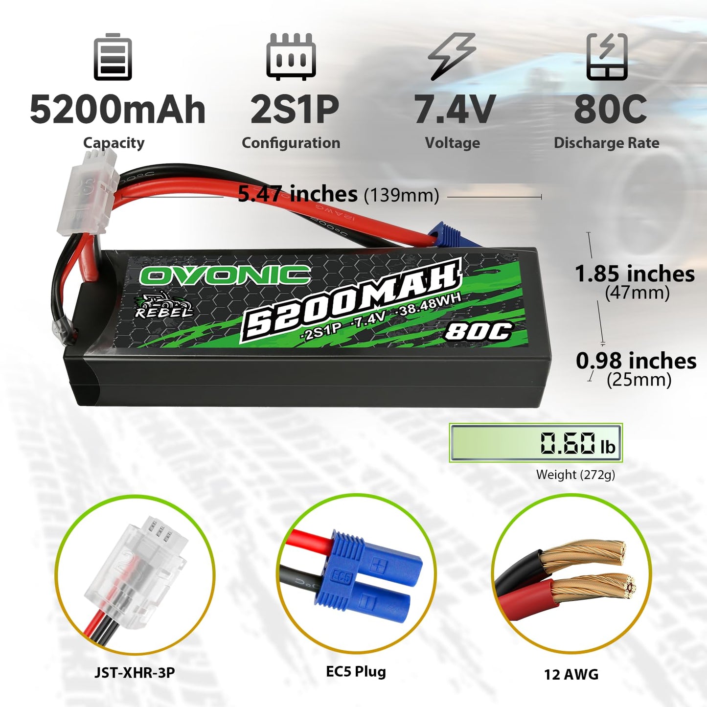 OVONIC 80C 2S 5200mAh 7.4V Lipo Battery with EC5 Connector for arrma 1/10, 1/8, 1/7 Scale RC Cars and Trucks Buggy Truggy 2pcs