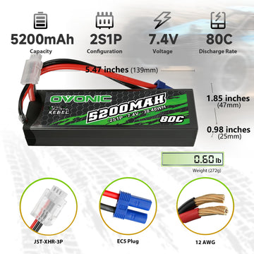 OVONIC 80C 2S 5200mAh 7.4V Lipo Battery with EC5 Connector for arrma 1/10, 1/8, 1/7 Scale RC Cars and Trucks Buggy Truggy 2pcs