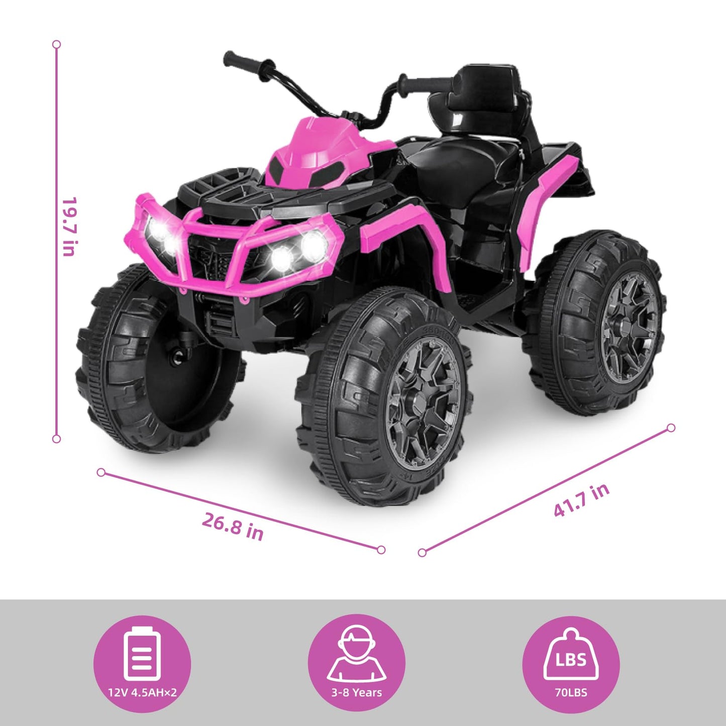 24V Ride-On Toys 4-Wheeler Quad Car Toy For Kids With Bluetooth, Ride On Atv, 6.5Mph Top Speed, Treaded Tires, Led Headlights-Pi