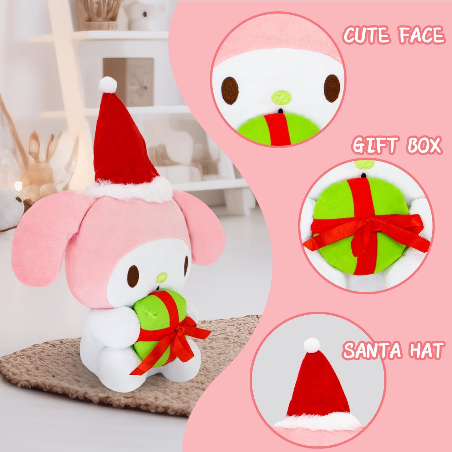 Ahlsense 8-Inch Christmas Cat Plush With Santa Hat And Gift, Soft And Adorable Holiday Stuffed Animal For Kids, Boys, And Girls | Perfect Christmas Decoration And Gift (Pink)