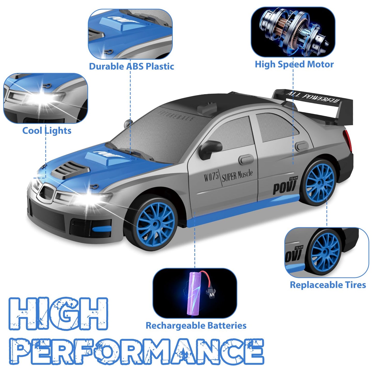 YUAN PLAN Remote Control Car, 1/24 2.4GHz 4WD RC Drift Car High Speed RC Cars with Cool Lights, Rechargeable Battery and Extra T