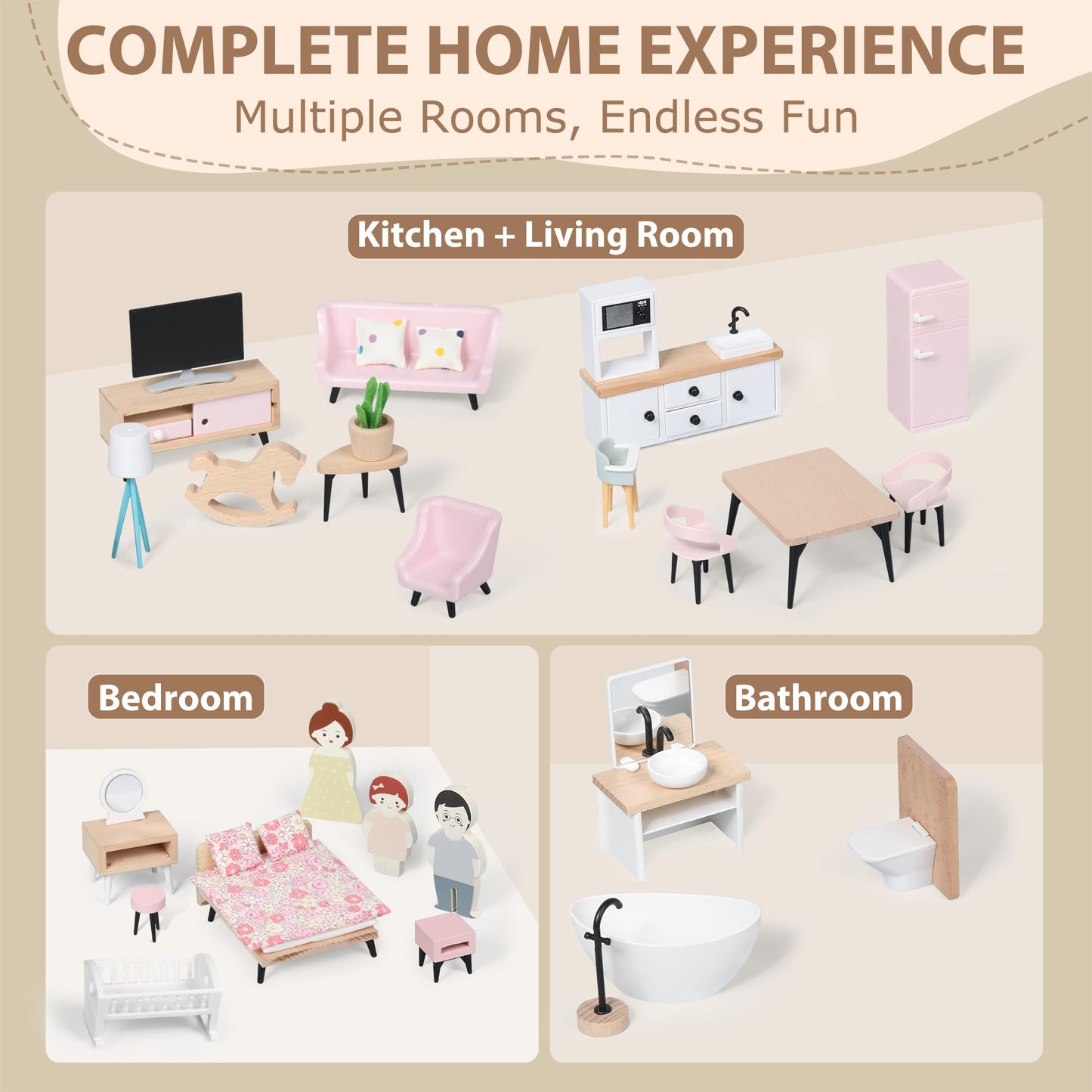 Pithfor Wooden Dollhouse Furniture Set, Dollhouse Accessories And Furniture, With 7 Rooms 3 Dolls, Includes Patio Set & Dog Set,