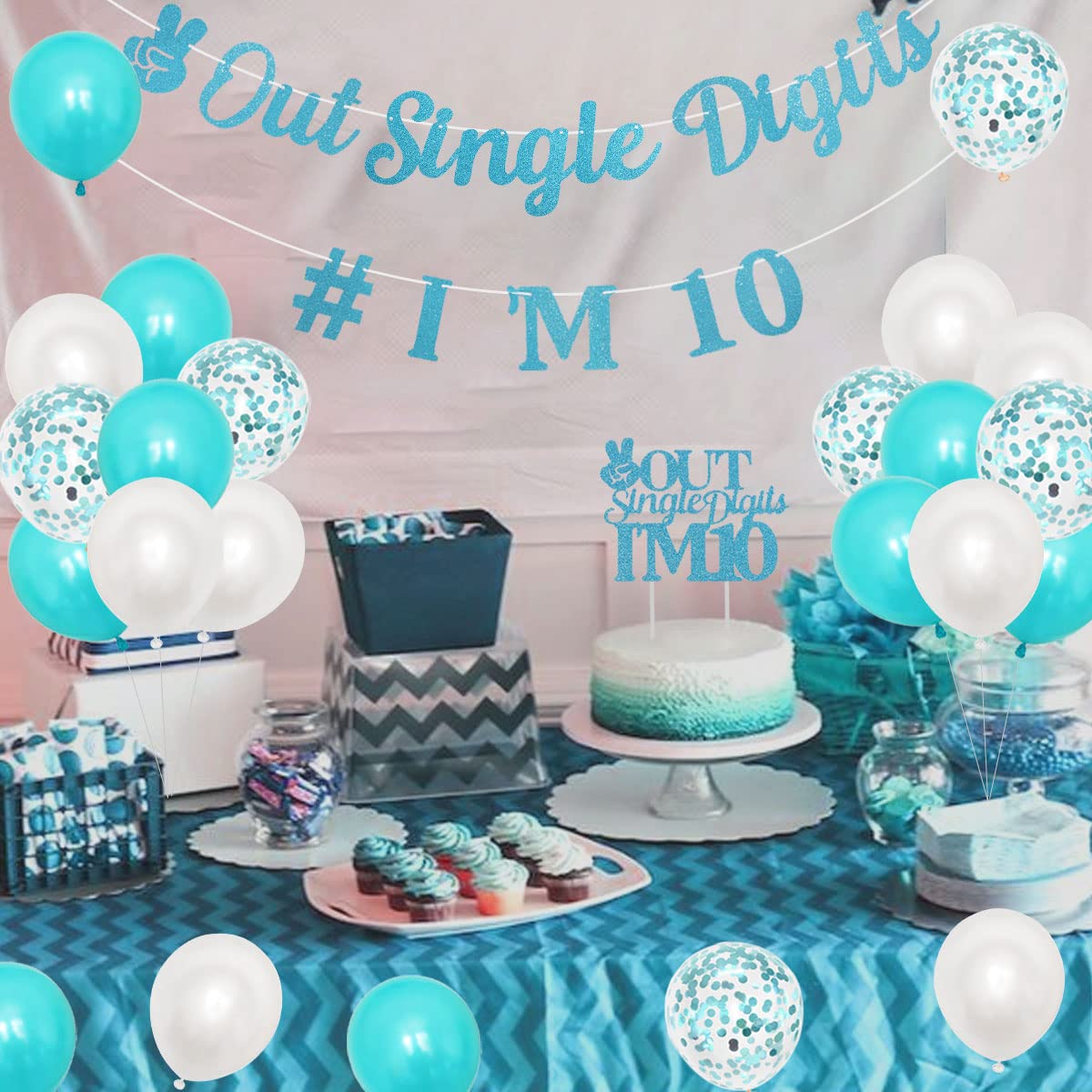 Joymemo 10Th Birthday Decorations For Girl Teal - Peace Out Single Digits I'M 10 Garland & Cake Topper Turquoise Happy Birthday Banner Number 10 Balloons Double Digits Birthday Party Supplies