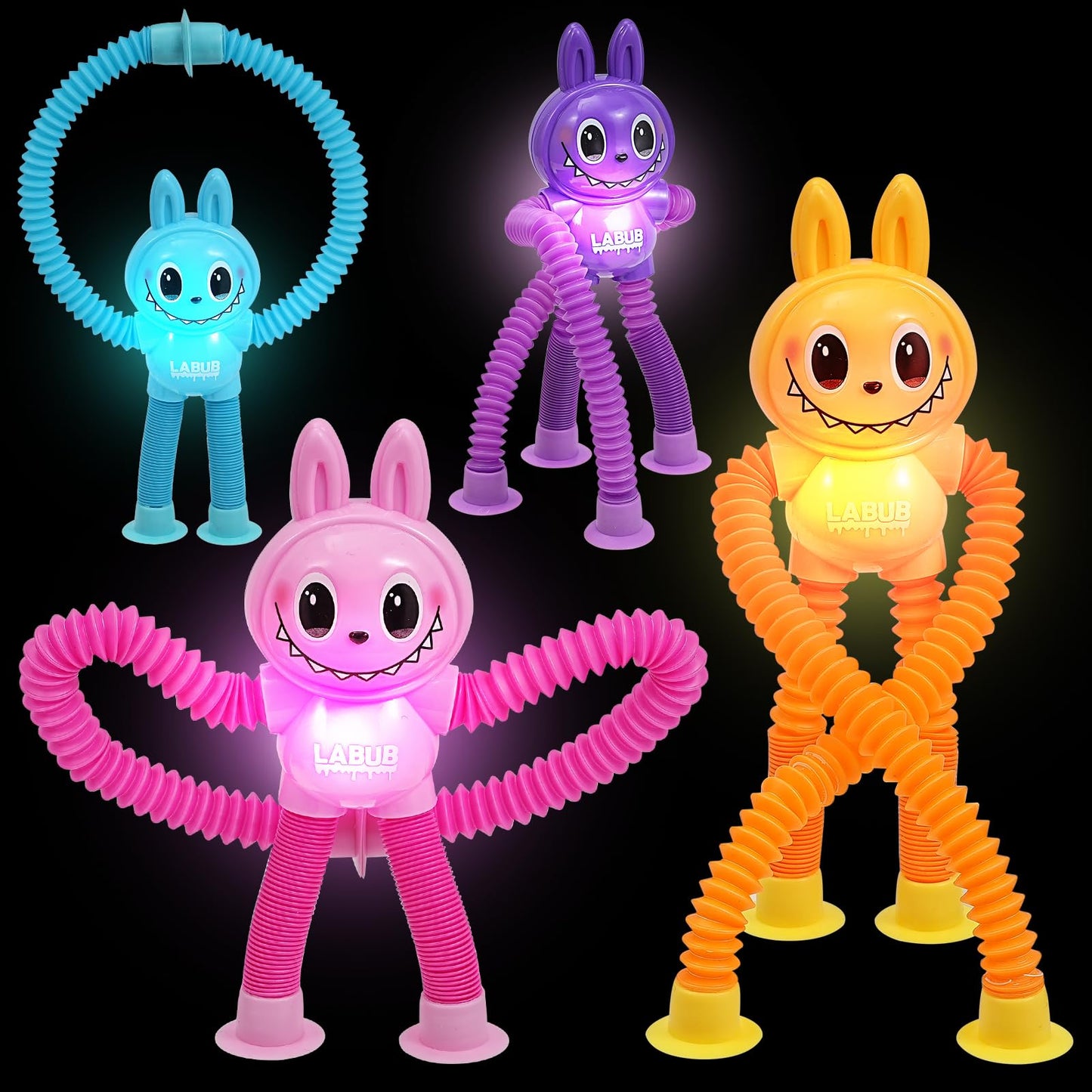 Yewfall 4 Pcs Telescopic Light-Up Bunny Toy, Sensory Stretchable Toddler Travel Toys, Connectable And Extendable Stress Relief A