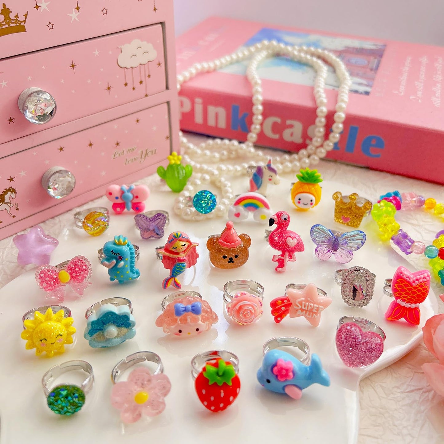 ELEMIRSA 28pcs Little Girl Rings, Princess Game Pretend Play & Dress Up Jewel Rings Set, Multicolored, Adjustable, Female, 4-12