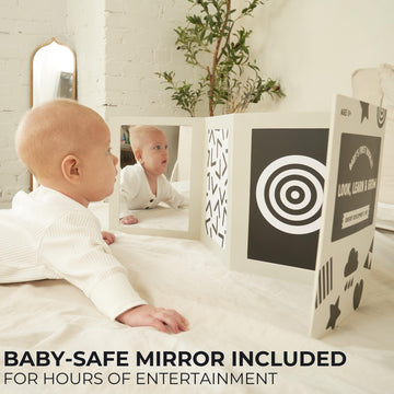 High Contrast Tummy Time Toy For Baby With Large Black And White Cards - Stimulating Sensory Development Boards & Mirror For Babies & Infants 0-3 Months - Twelve Montessori Patterns That Newborns Love