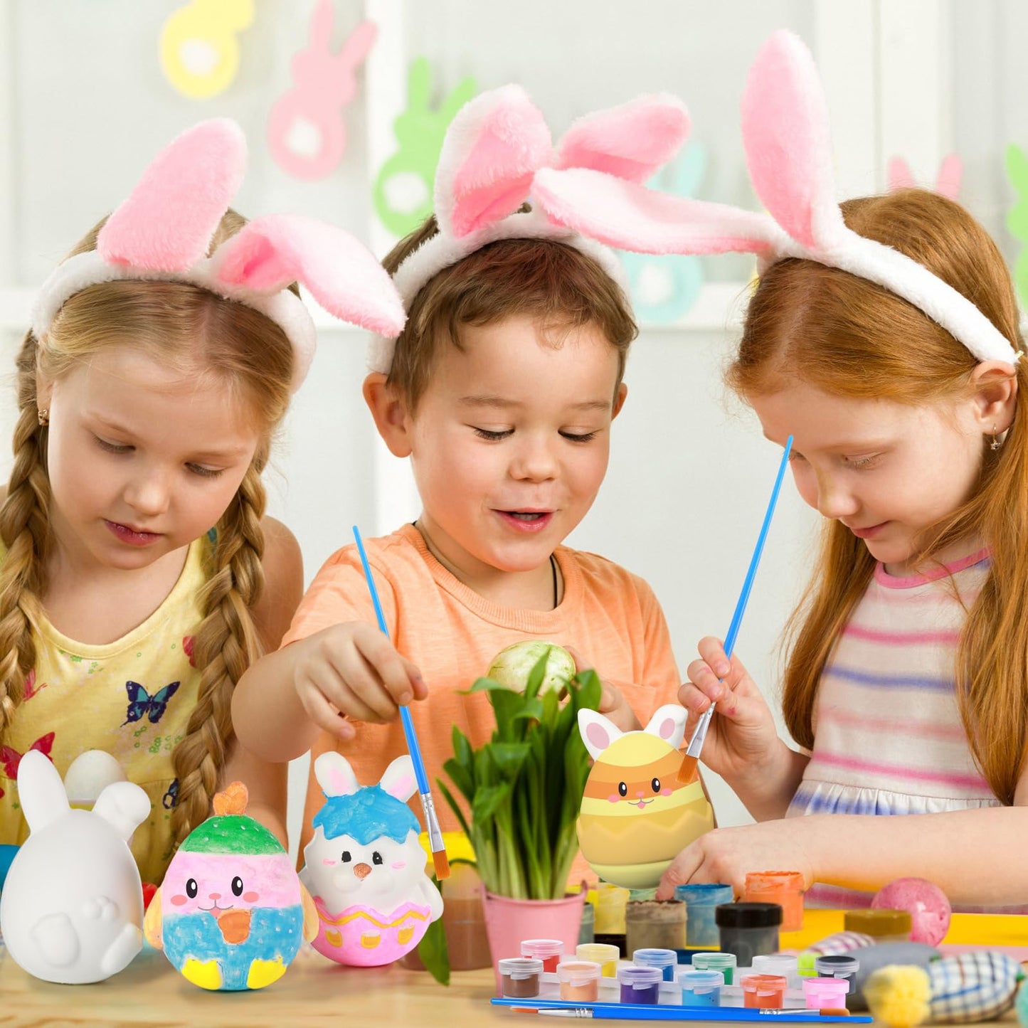 Miniinflat 12 Pcs Easter Eggs Painting Kit White Easter Eggs Coloring Decorating Crafts Kit Squeeze Eggs Bunny Toys With Dye Pai