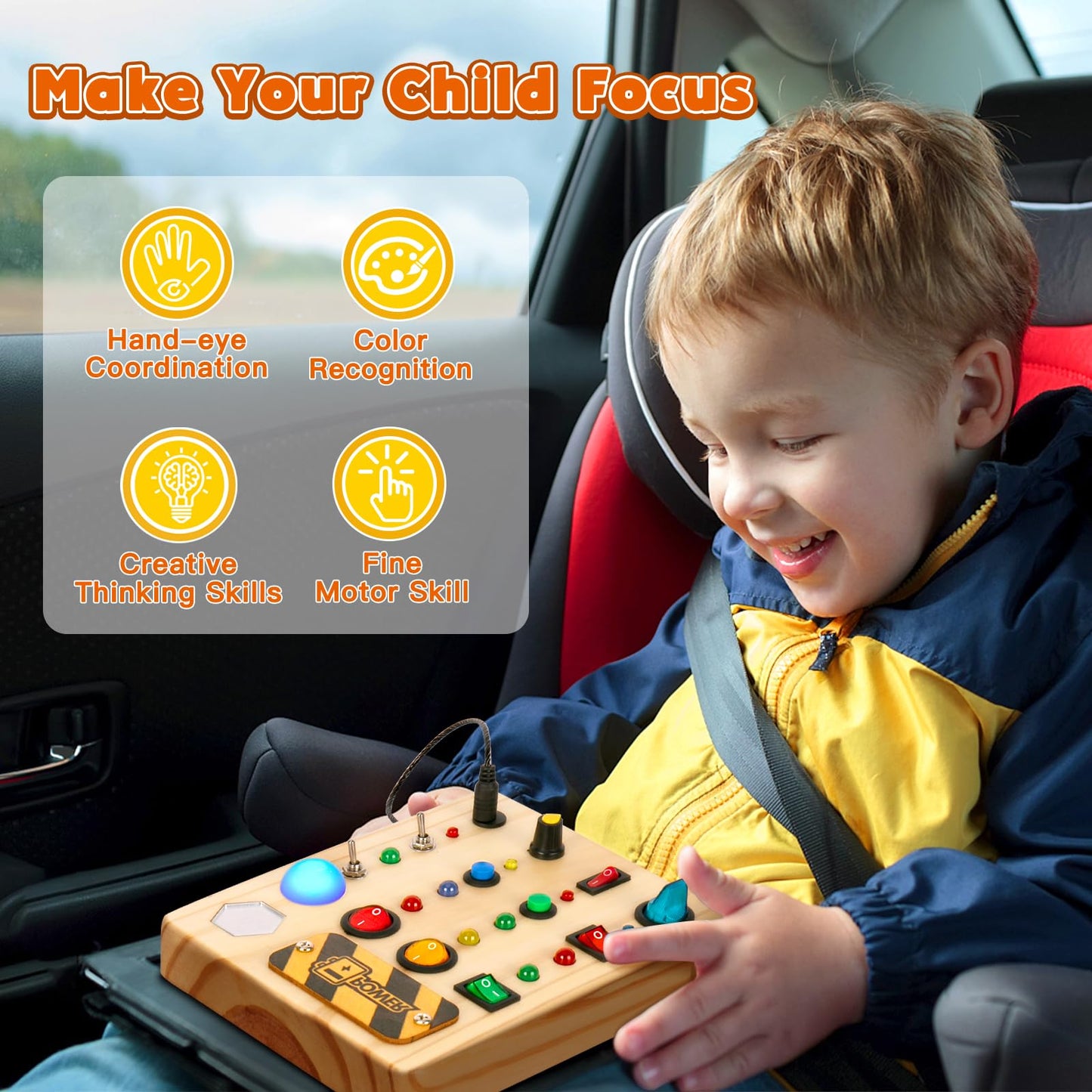 Tintecusa Led Busy Board, Wooden Sensory Toys For Toddler, Montessori Music Toy For Airplane, Travel Activity Educational Learni