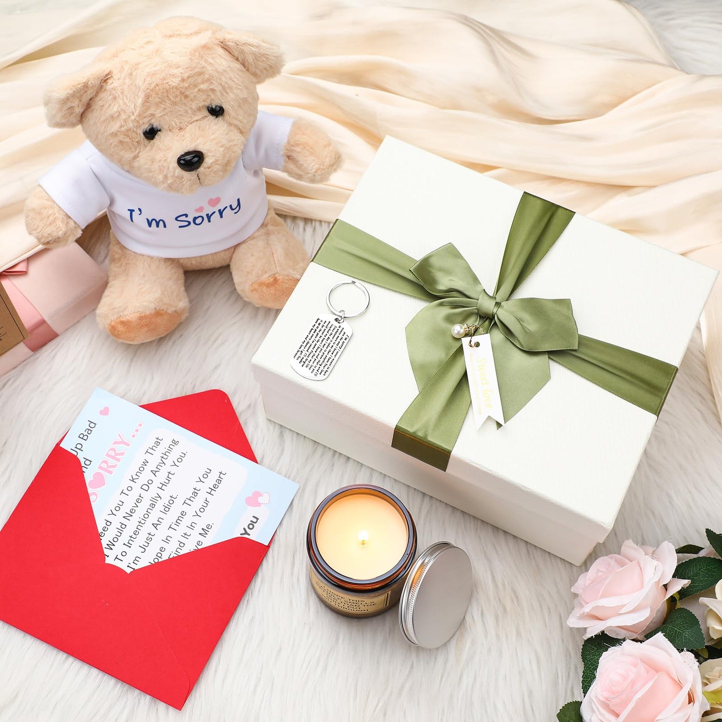 Hydren 5 Pcs I'M Sorry Gifts Set With Big Box Include I'M Sorry Plush Bear Gifts Candle Apology Card Keychain I'M Sorry Gifts Fo