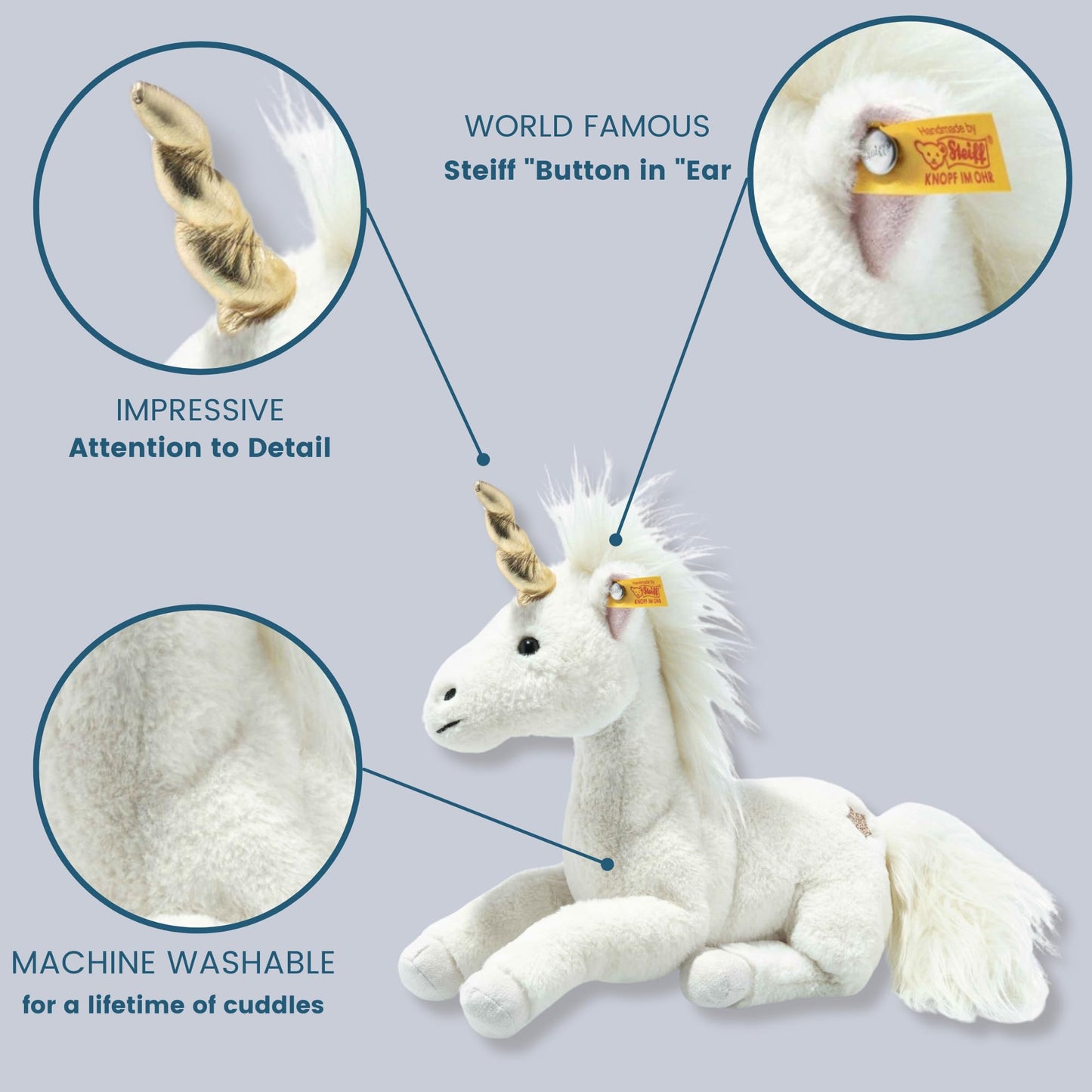 Steiff Unica Unicorn With Golden Horn And Embellishments, Premium Unicorn Stuffed Animal, Sitting Unicorn Plush Toy (White, 11')
