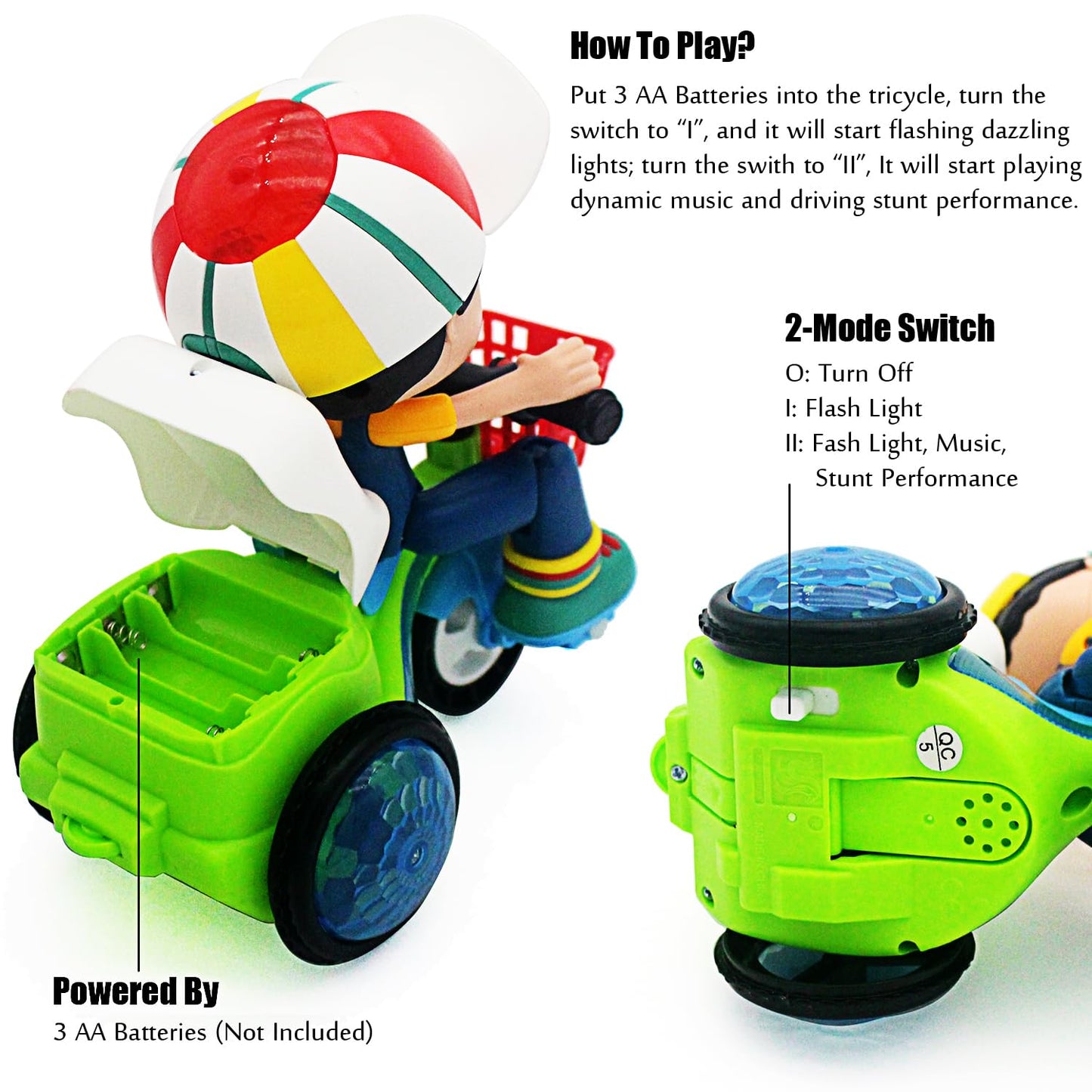 Tipmant Baby Toddler Electric Tricycle Toy Cartoon Motorcycle Vehicle Stunt Performance, Music, Luminous Lights, Kids Birthday G