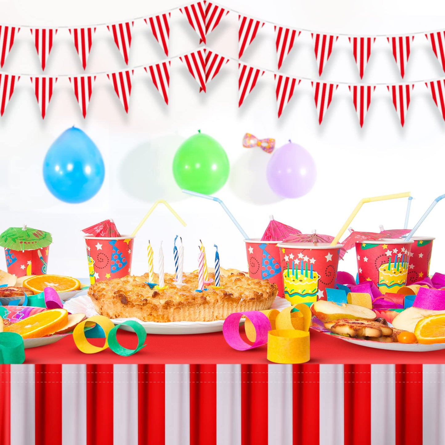 10 Pieces Carnival Theme Party Decors Carnival Table Skirts Carnival Circus Theme Tablecloths Red White Striped Pennant Banners