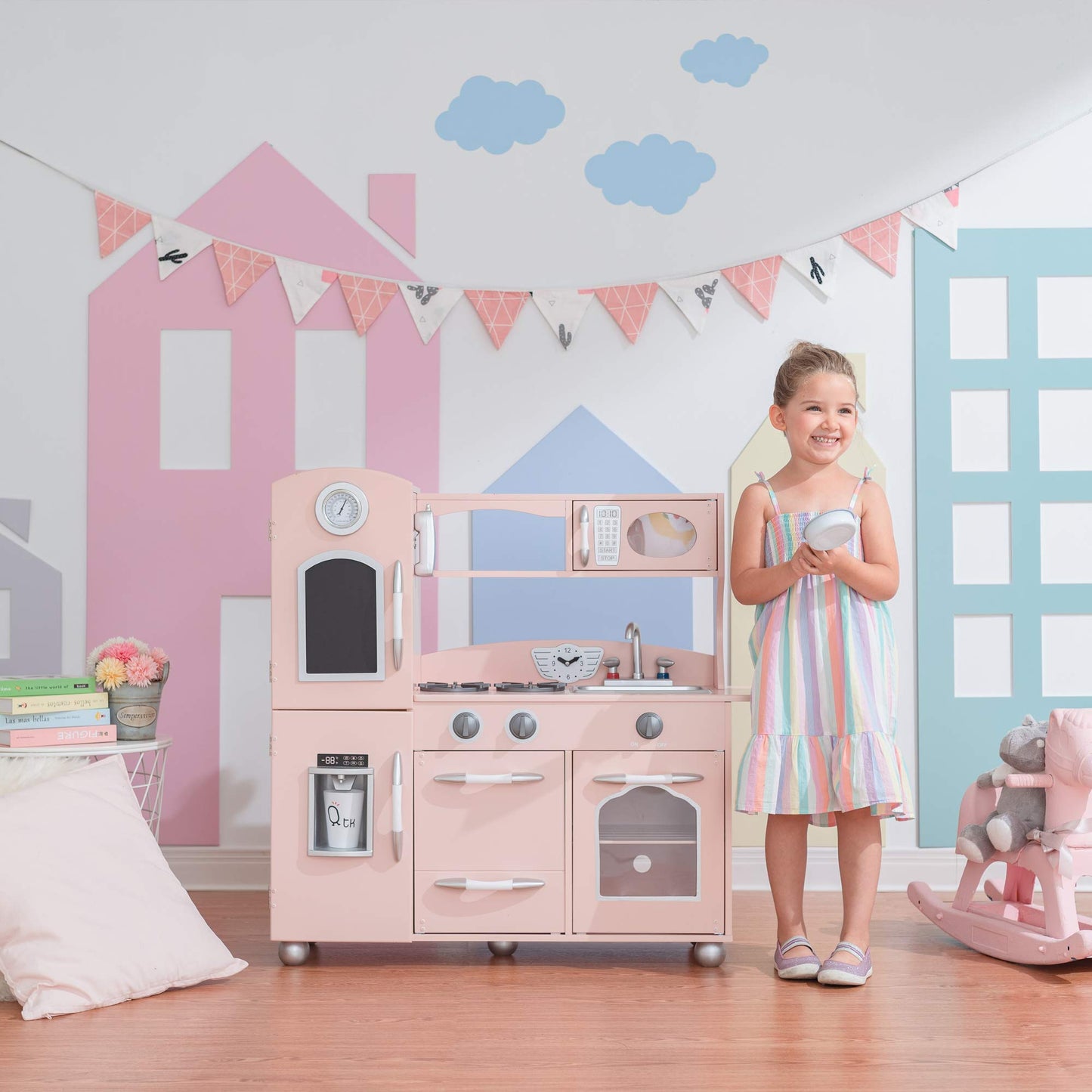 Teamson Kids Little Chef Wooden Westchester Retro Kids Play Kitchen Playset, For Toddlers Child Children Boy Girl, Pink