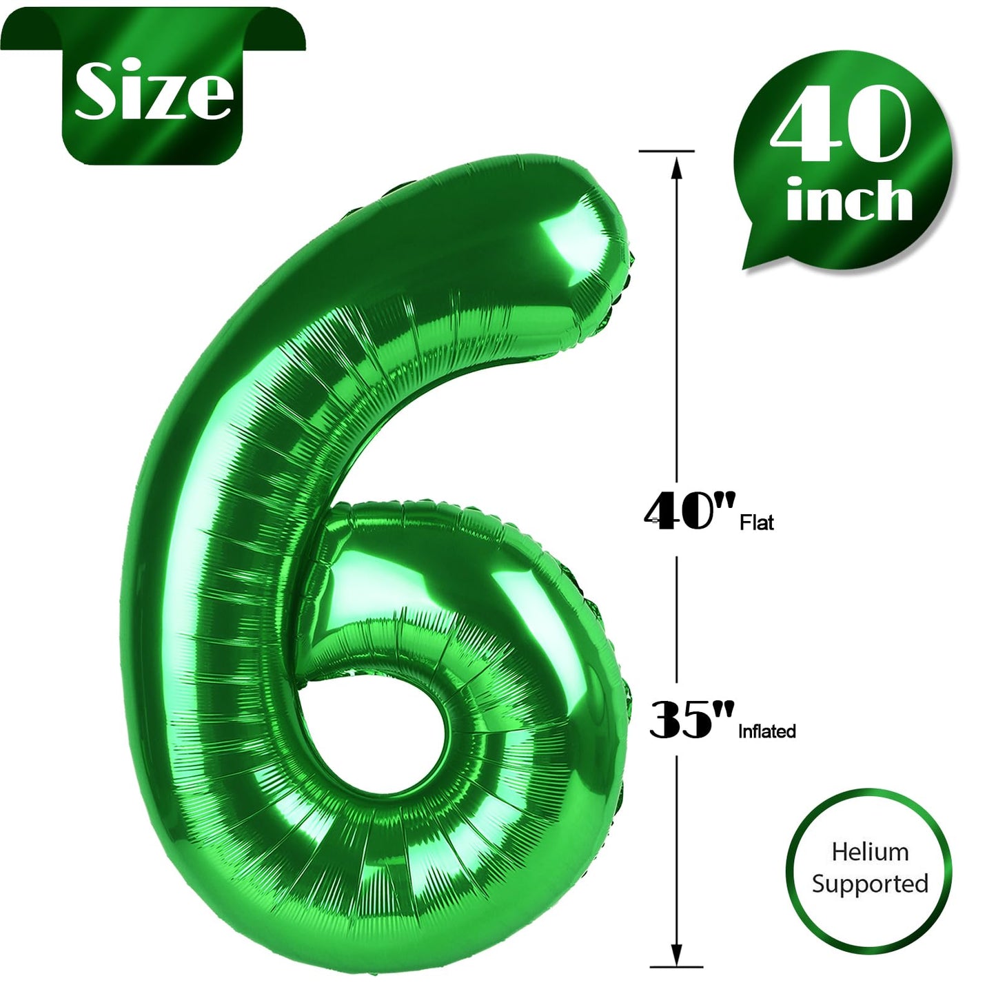 Green Number 6 Balloon 40 Inch, 6 Balloon Number, 6Th Birthday Decorations, Green Party Supplies For Boys Girls