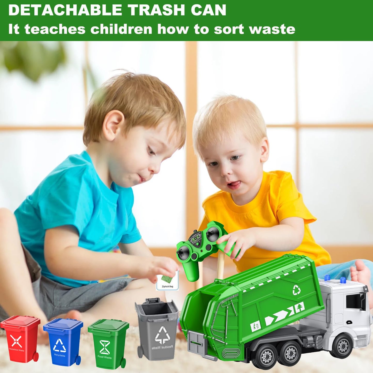 CALEST 2.4Ghz Remote Control Garbage Truck Toys,1/24 RC Garbage Truck with 4 Trash cans 6 Channel Remote Control Waste Managemen