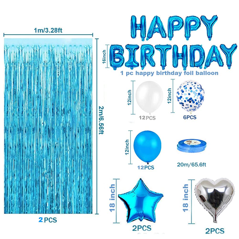 Morofme Blue Birthday Party Decorations Set With 38Pcs Balloons, Confetti, Foil Balloons, Fringe Curtains For Unisex Blue Themed Events
